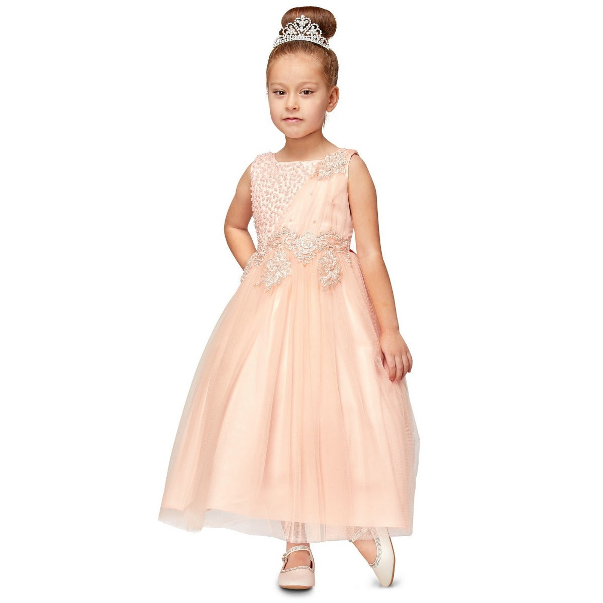 Elegant Pearl Beaded Satin Tulle Bridesmaid Dress for Juniors - Size 8-16 | Perfect for Weddings, Proms & Formal Events