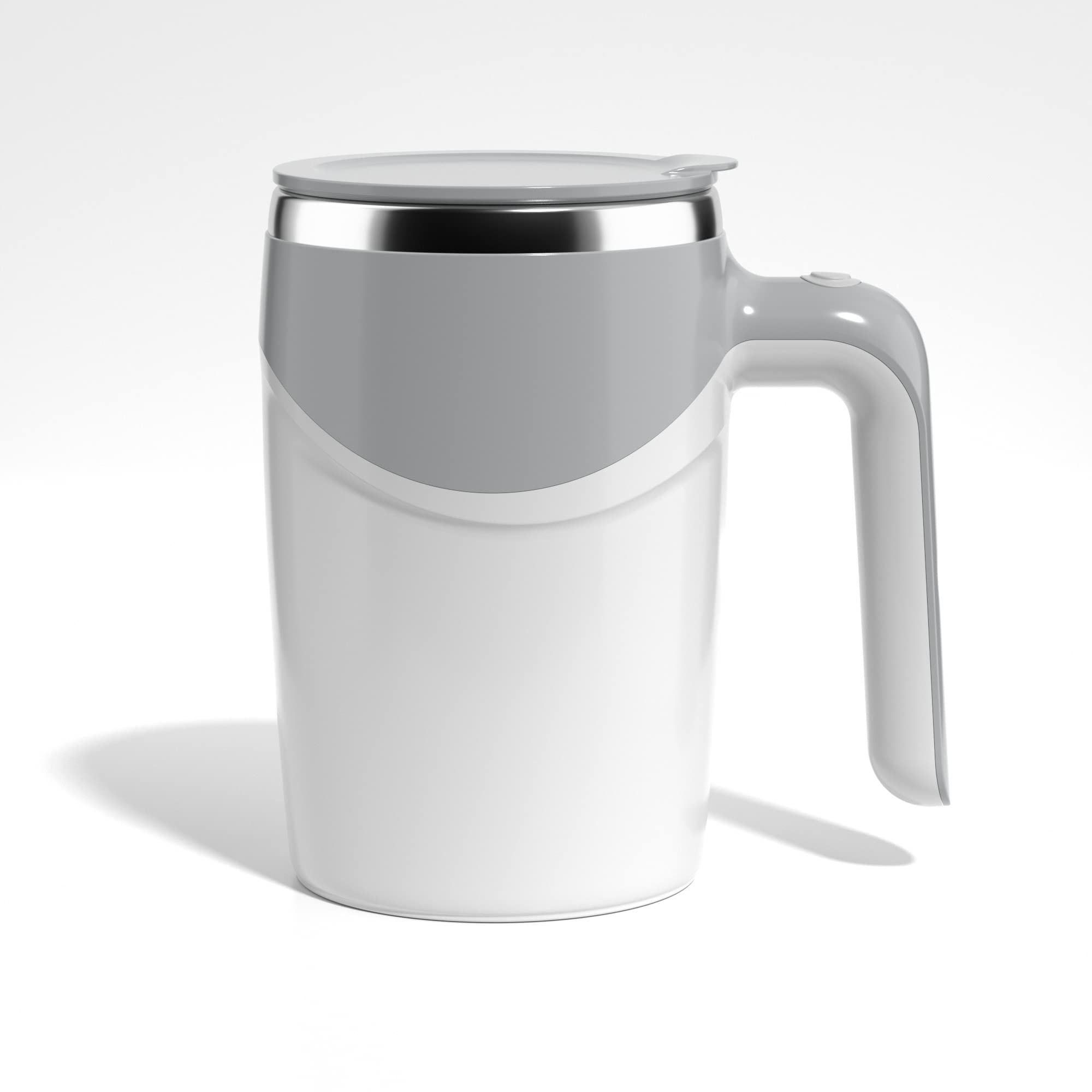 Electric Mixing Mug with Auto Stirring - 16oz Insulated Coffee Thermos for Hot & Cold Beverages - Perfect for Coffee, Milk, Cocoa, Tea & Protein Shakes - Ideal for Office, Travel & Home Use (Grey/White)