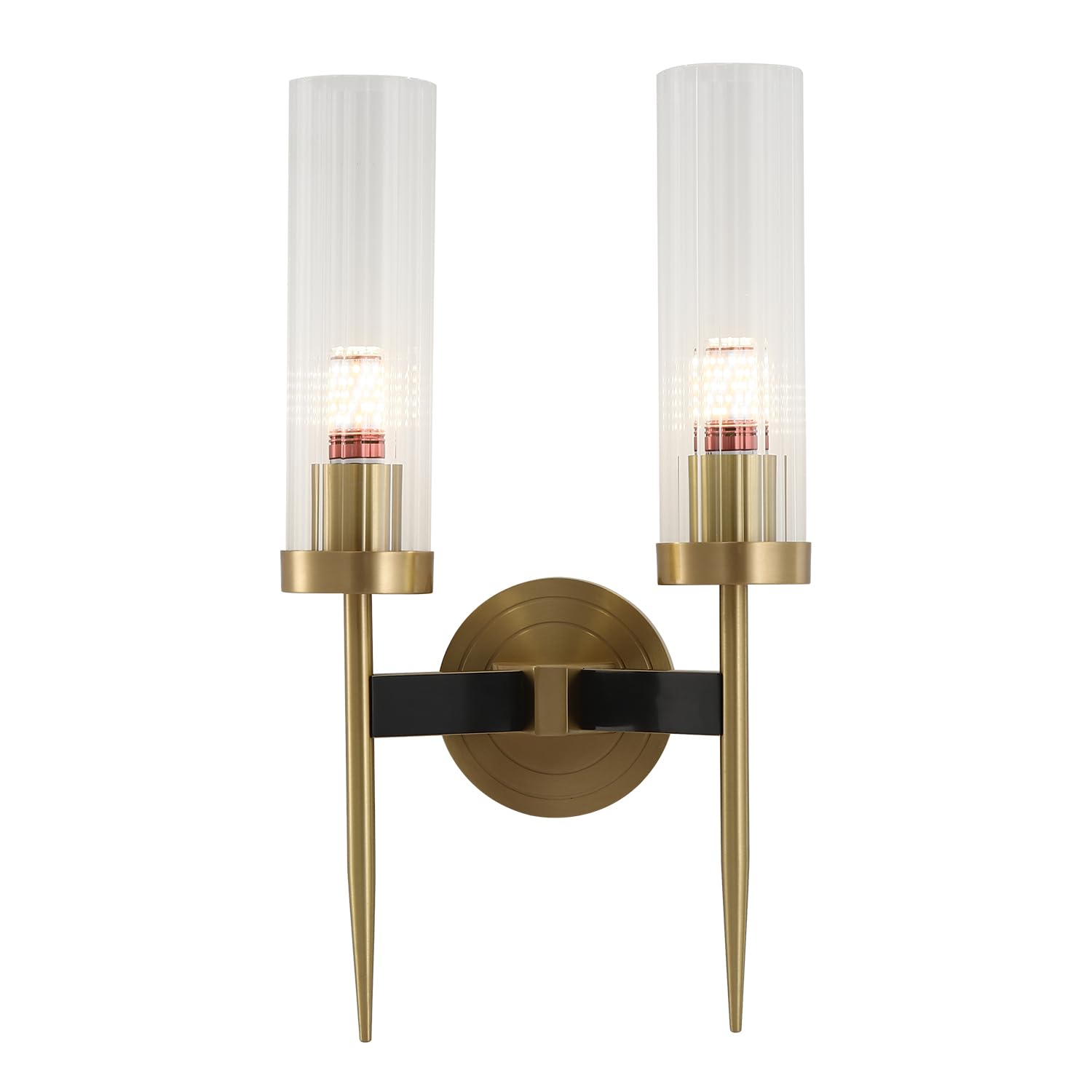 BOKT Mid-Century Modern 2-Light Crystal Wall Sconce - Brushed Brass Gold Finish, Clear Cylinder Glass Shade - Perfect for Bedroom, Hallway & Living Room Lighting