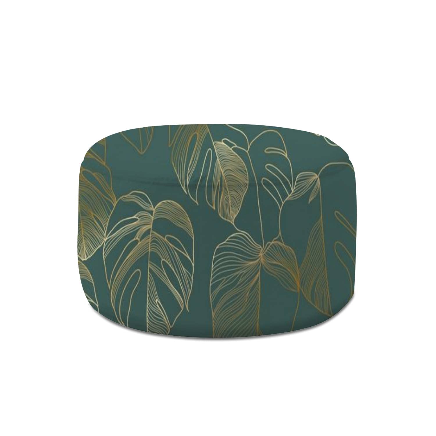 Luxury Round Pouf Ottoman - Gold & Green Floral Split Leaf Philodendron Design, Cotton Linen Removable Cover Foot Rest, Floor Footstool & Bean Bag Chair for Living Room, Bedroom, Outdoor Seating - Perfect for Relaxation, Home Decor & Cozy Reading Nook
