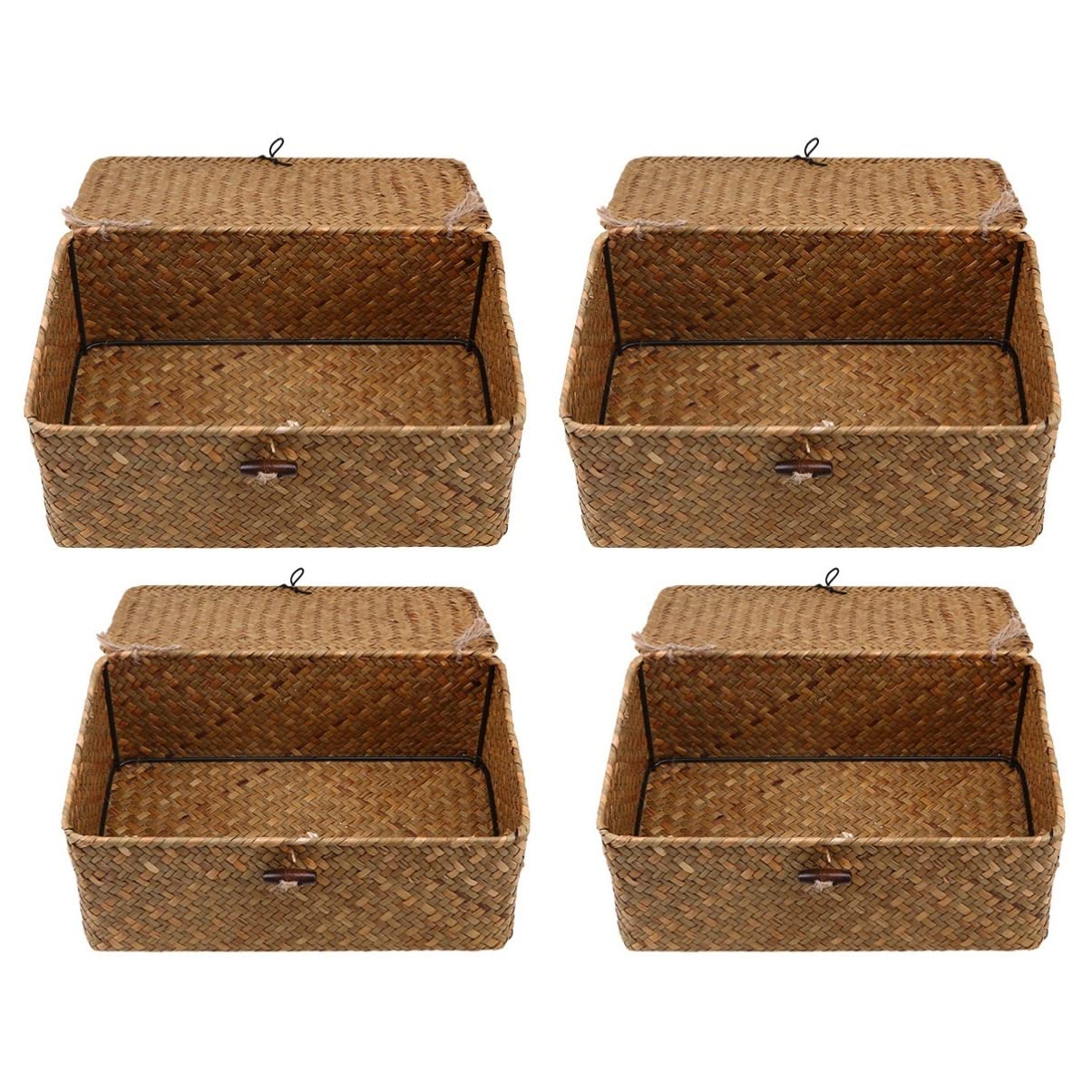4-Piece Woven Seagrass Storage Baskets Set - Small Rectangular Wicker Bins for Home Organization | Perfect for Bathroom, Bedroom, Nursery & Office Decor