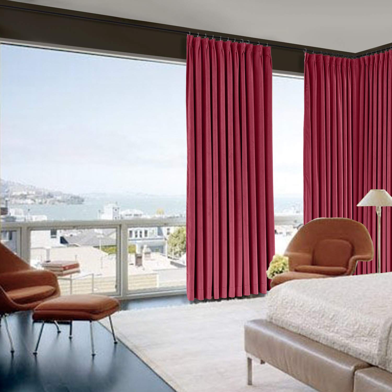 Premium Blackout Thermal Insulated Velvet Curtains - Pinch Pleat Design, Burgundy (100x96 Inches, 1 Panel) for Bedroom, Living Room & Room Divider - Noise Reducing & Energy Saving Home Decor
