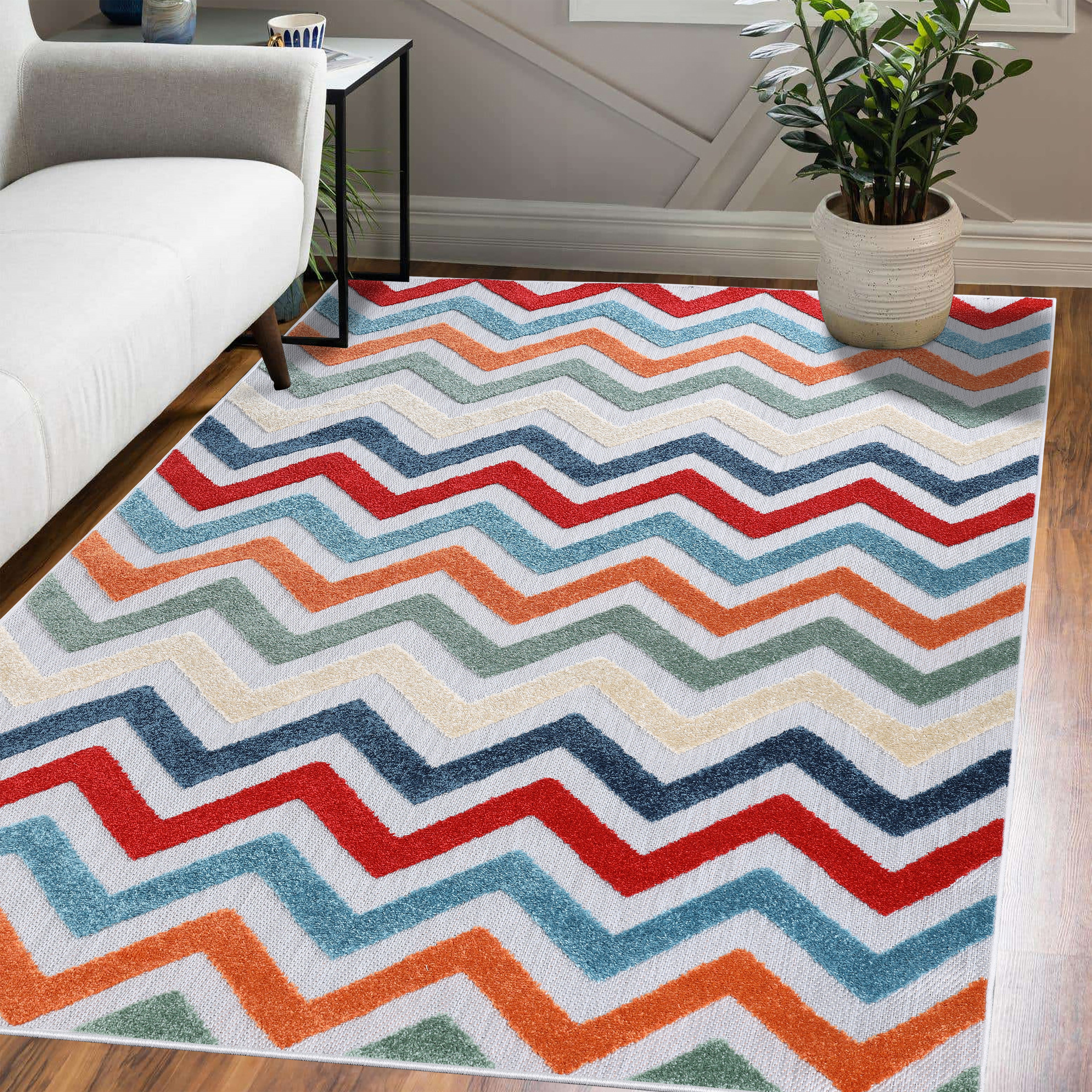 Chevron Zig Zag Geometric Modern Indoor Outdoor Area Rug - Non-Slip Soft Comfortable for Living Room, Bedroom, Patio & Office Decor