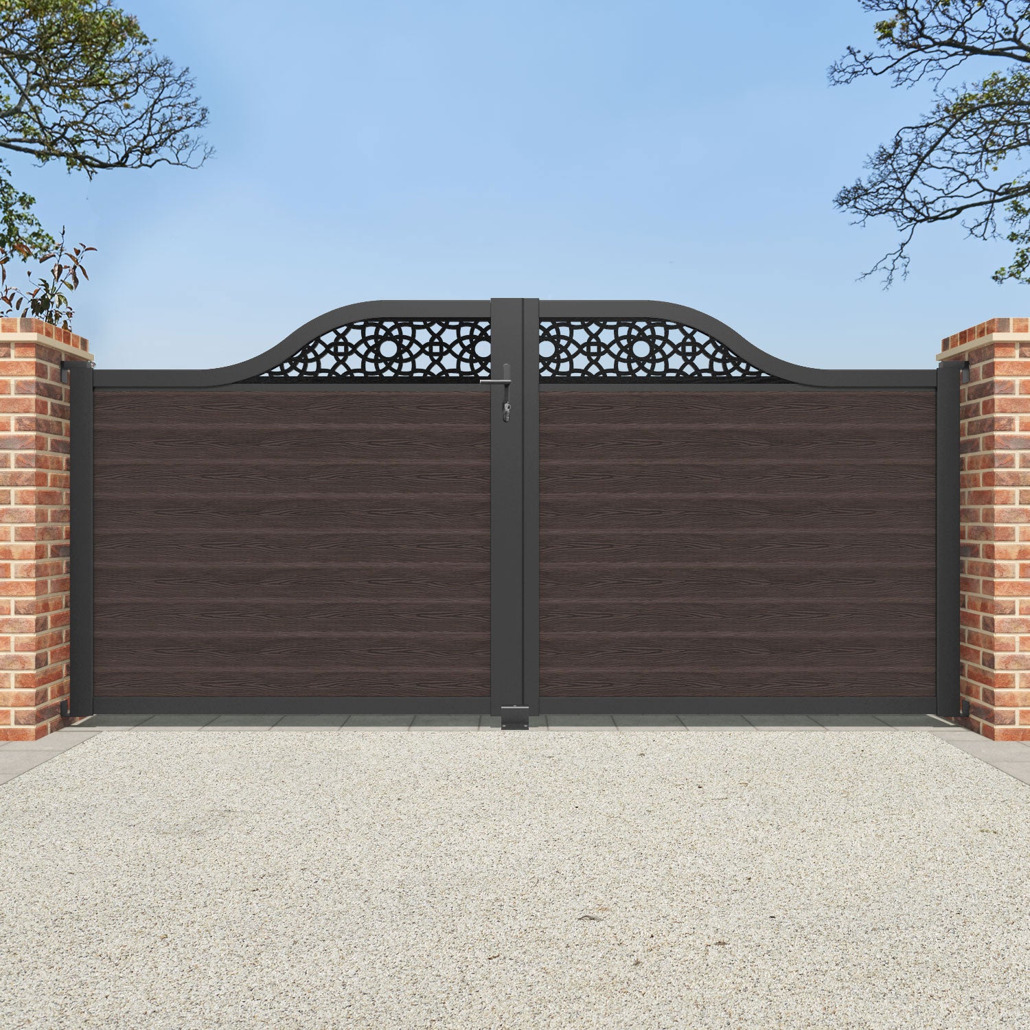 Classic Amber Curved Top Driveway Gate - Mid Brown with Top Screen - Elegant & Durable for Home Security & Curb Appeal