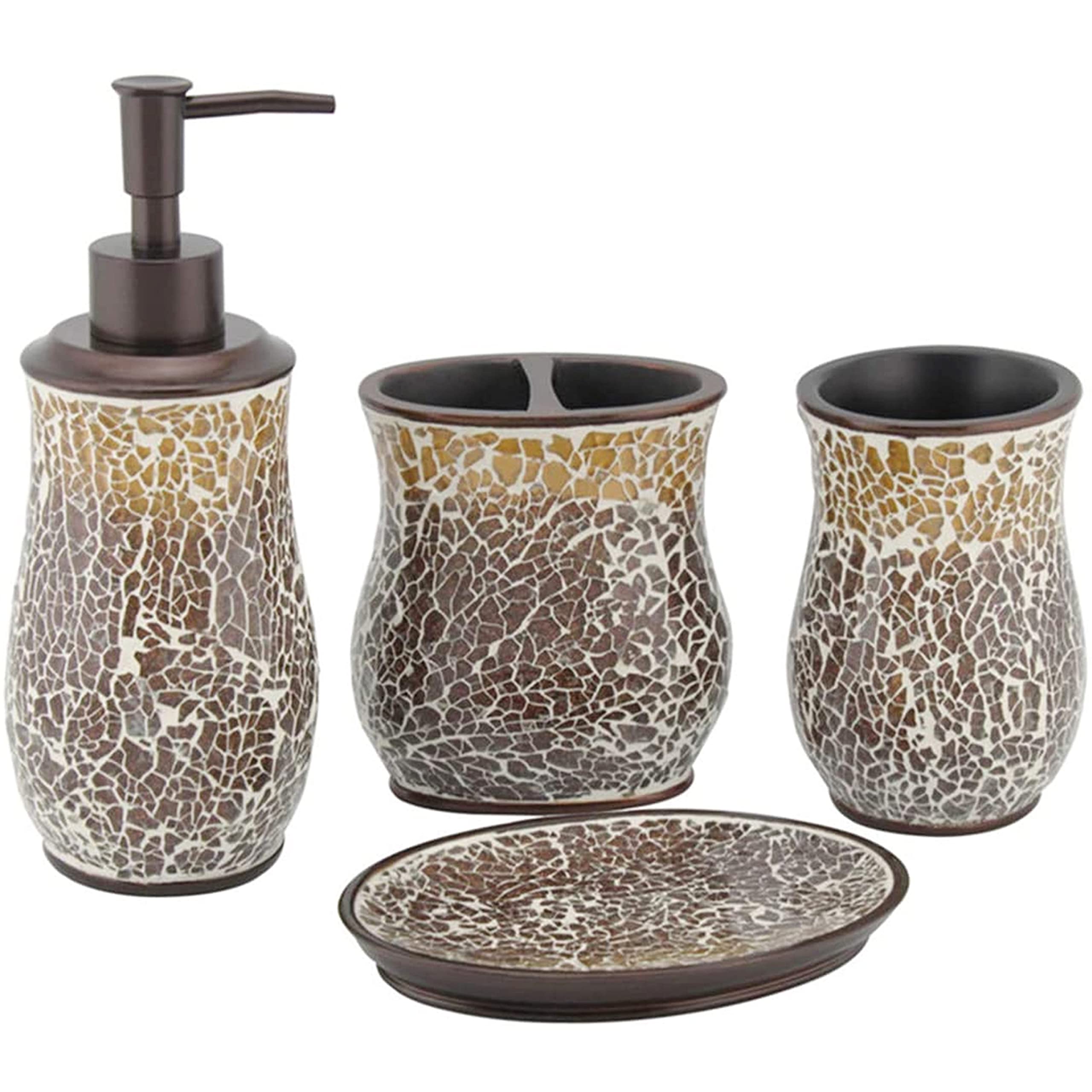 4-Piece Mosaic Glass Resin Bathroom Accessories Set - Includes Soap Dispenser, Toothbrush Holder, Tumbler & Soap Dish - Elegant Brown Vanity Countertop Decor for Modern Bathrooms