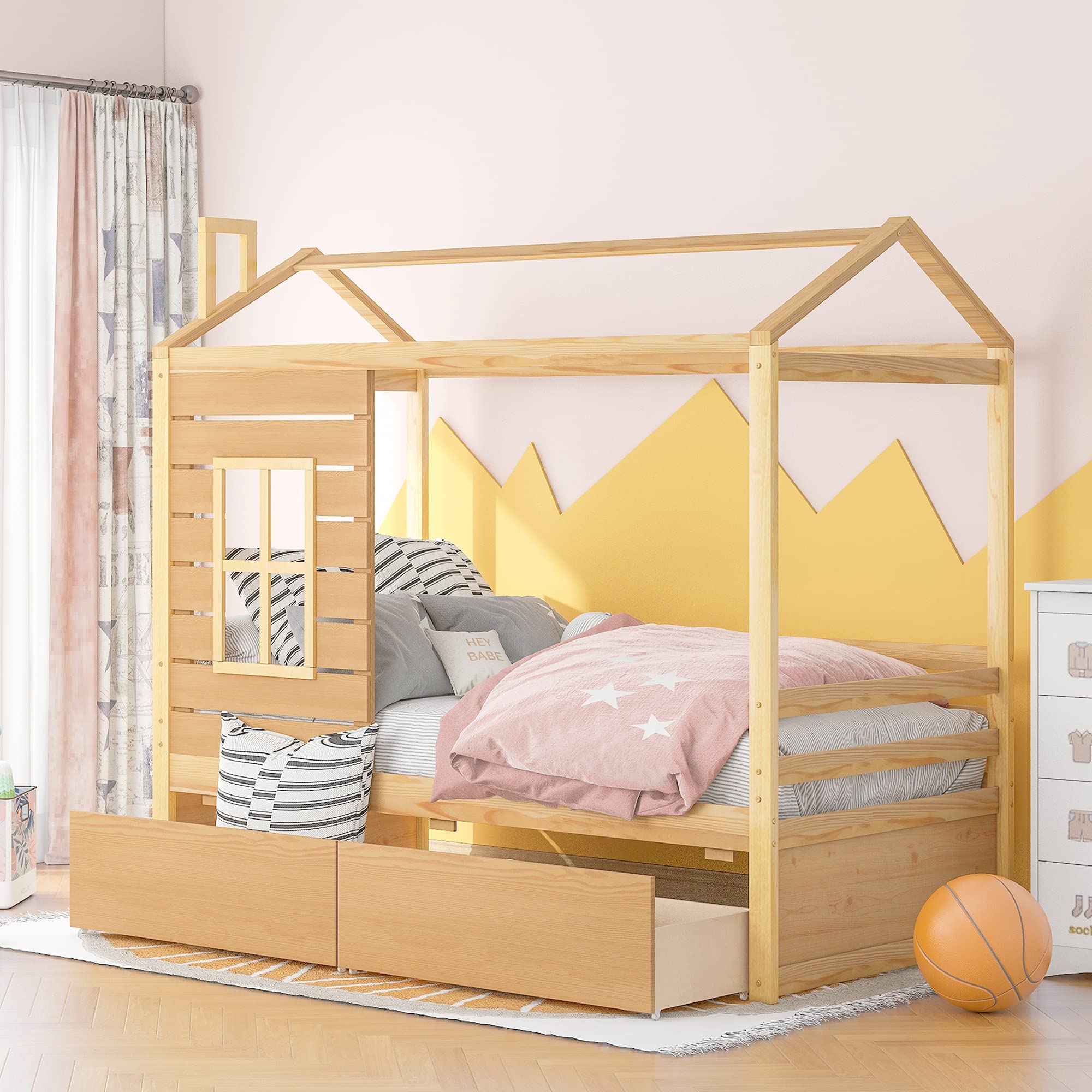 Merax Twin House Bed with 2 Drawers - Solid Wood Bed Frame with Canopy for Kids Boys & Girls - No Box Spring Required - Natural Finish - Perfect for Bedroom, Playroom & Kids Room Decor