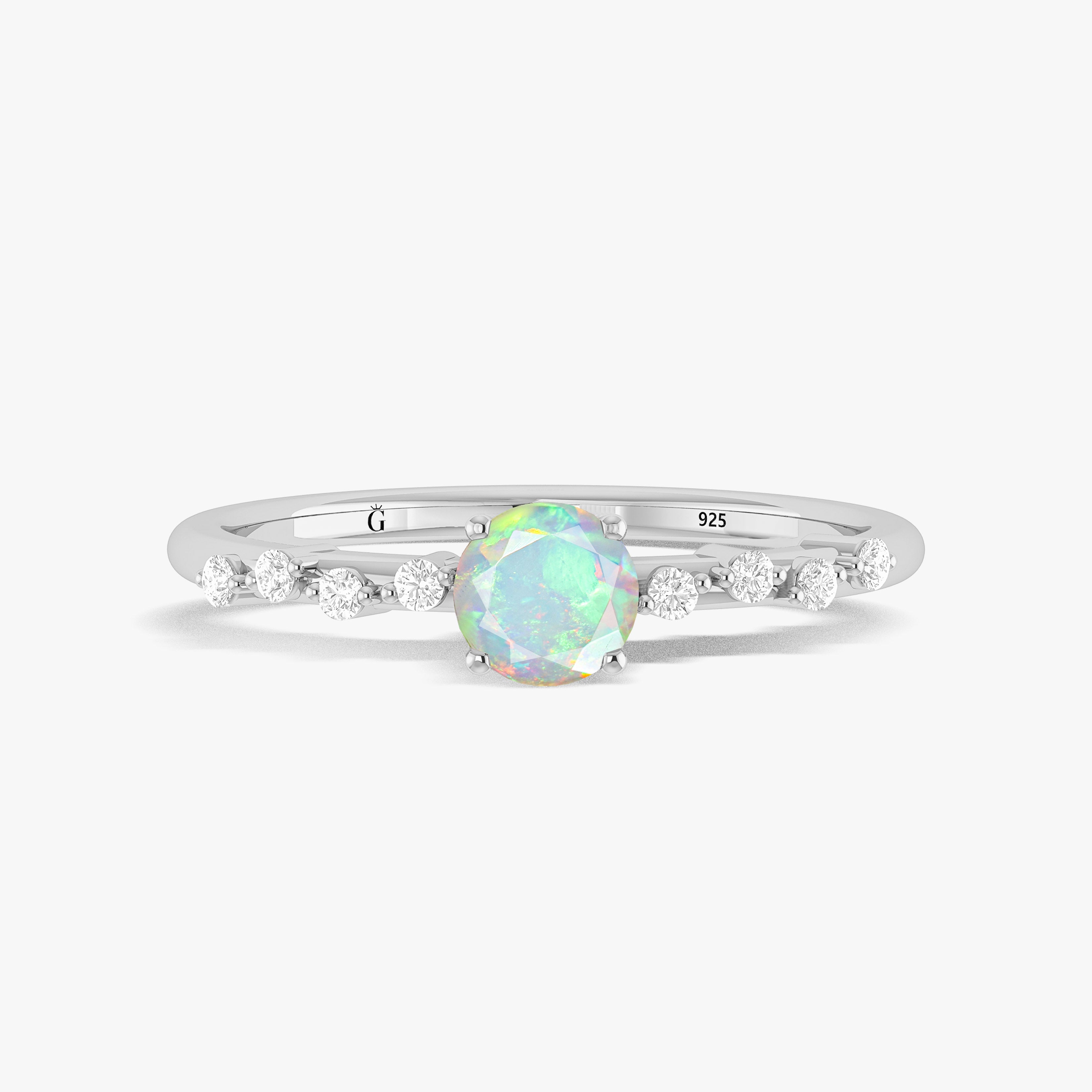 Natural White Opal Round Stone Minimalist Solitaire Ring with Accent Diamonds - Elegant Dainty Jewelry for Women, Perfect for Engagement, Wedding, Anniversary & Everyday Wear
