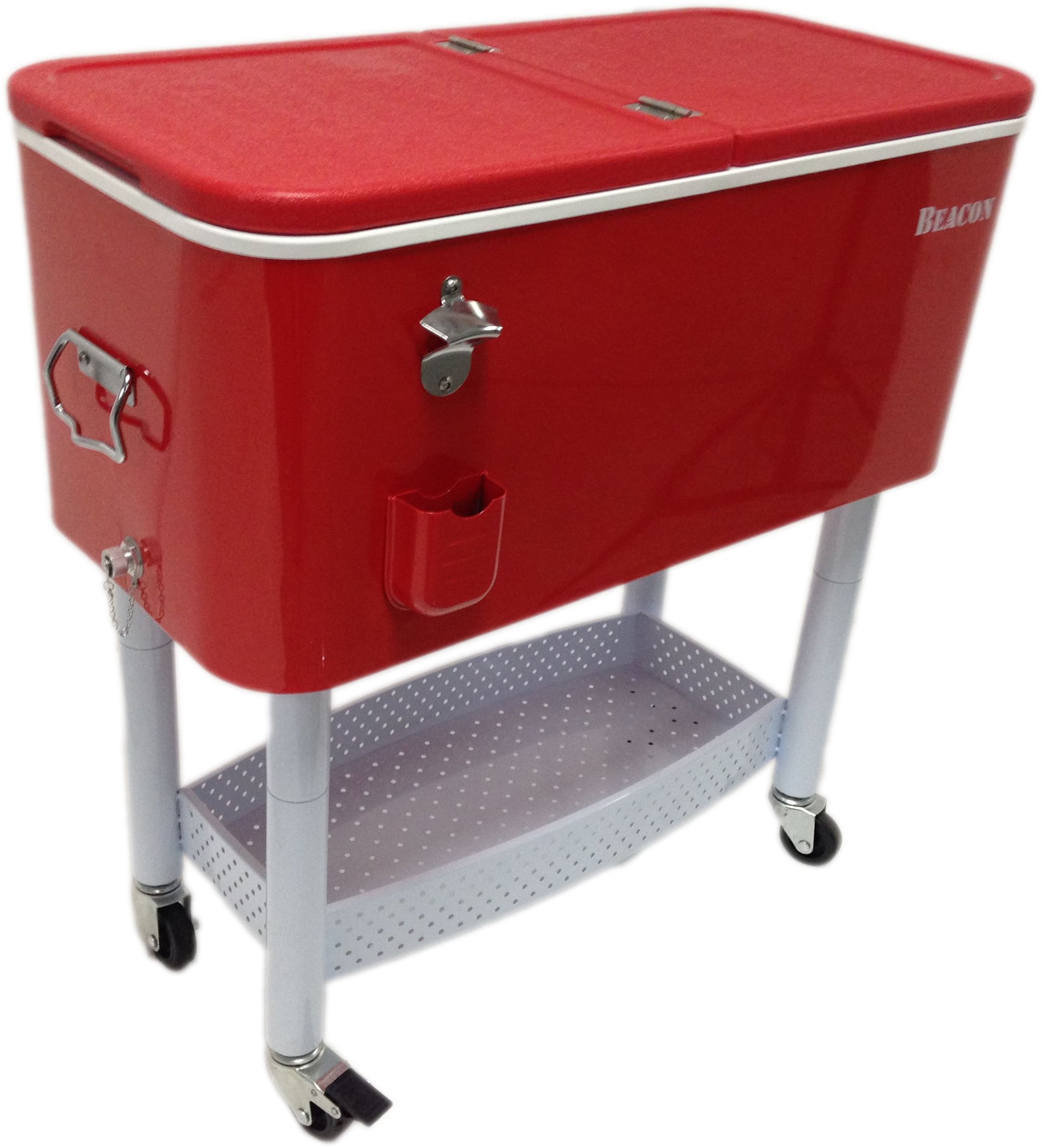 BEACON Rolling Party Cooler - Insulated Red Steel Cooler with Metal Storage, Wheels & Stand | Portable Outdoor Cooler for Picnics, BBQs, Camping & Tailgating
