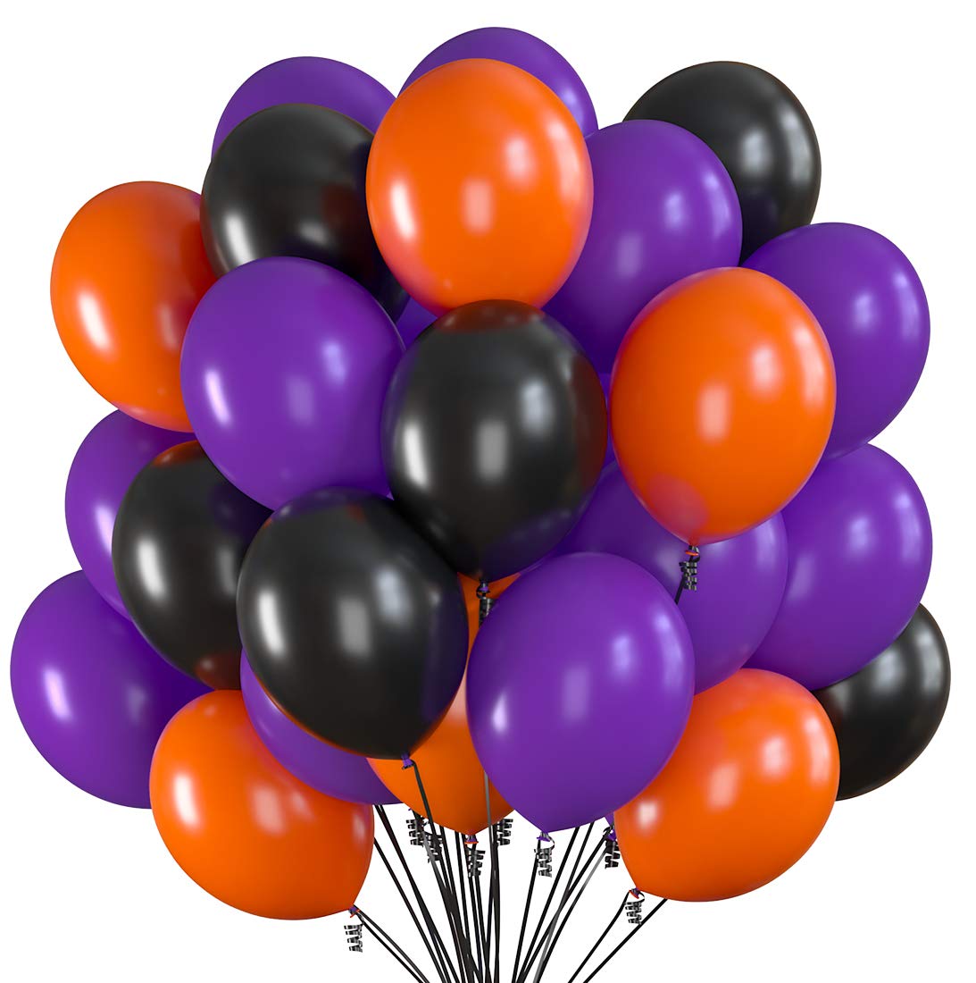 Prextex 75-Pack 12 Inch Halloween Party Balloons - Black, Orange & Purple with Black Ribbons | Premium Helium-Quality Latex Balloons for Halloween Decorations, Themed Parties, Weddings, Baby Showers & Birthday Celebrations | Perfect for Spooky Decor, Photo Backdrops & Festive Events