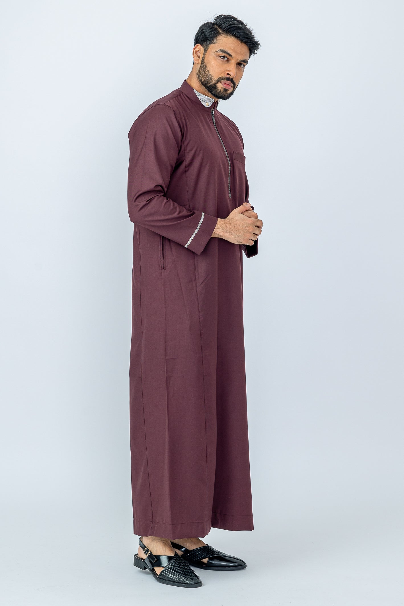 Burgundy Cutaway Thobe for Men - Premium Long Sleeve Islamic Robe - Elegant Formal Wear for Eid, Wedding & Special Occasions