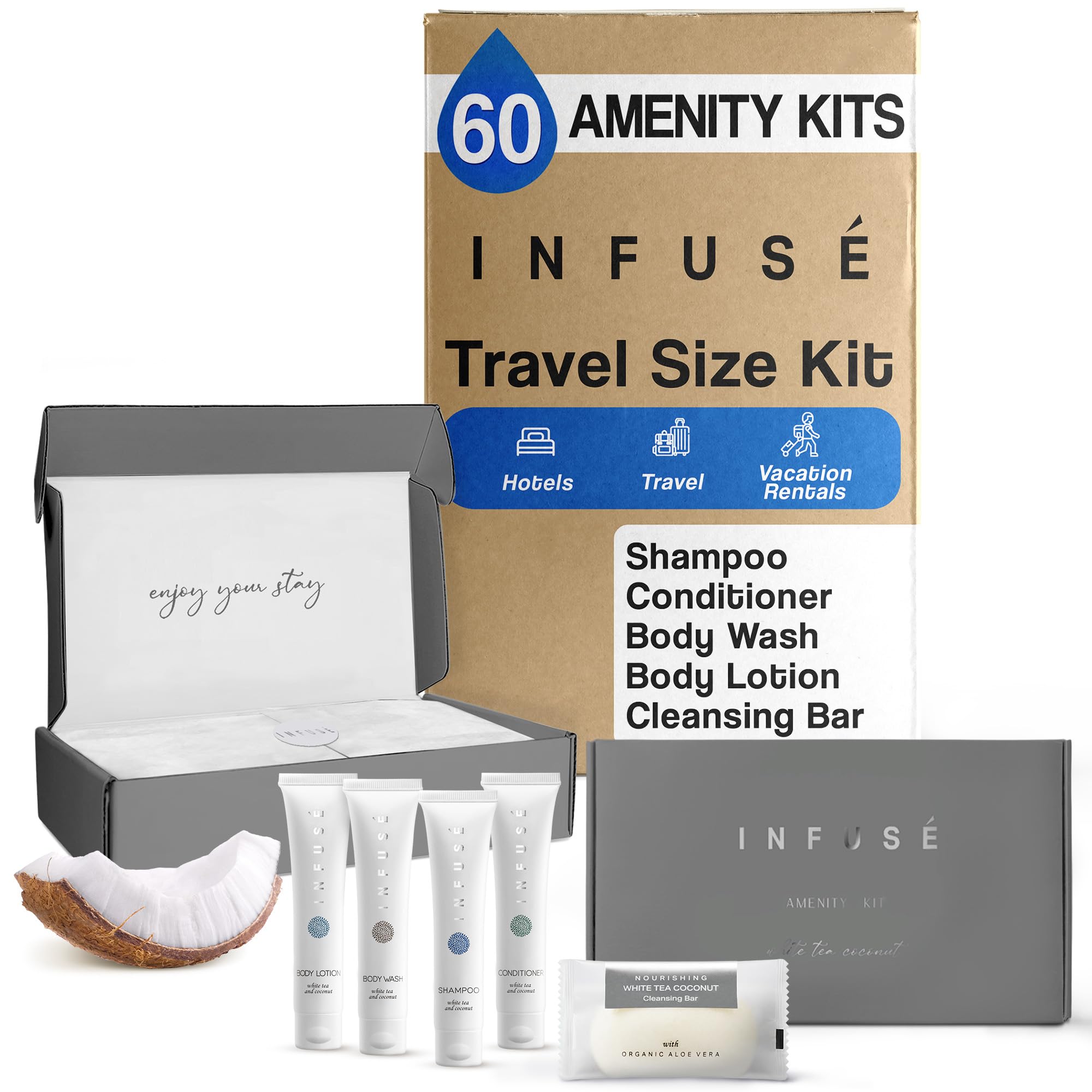**Infuse Amenity Kit - Bulk Hotel Toiletries Set (1 oz Shampoo, Conditioner, Lotion, Body Wash & Bar Soap) - 60 Sets/Case - Perfect for Hotels, Vacation Rentals & Guest Hospitality**    *(Use Case: Ideal for hotels, Airbnb hosts, and hospitality businesses to provide premium guest amenities.)*