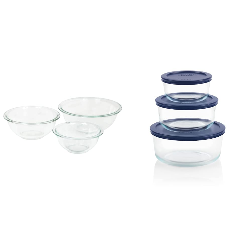 Pyrex Mixing Bowl Set with Storage Containers - 3-Piece Mixing Bowls & 6-Piece Lids - Durable Glass Bowls for Baking, Cooking, Meal Prep & Leftovers Storage - Perfect for Kitchens, Restaurants & Home Chefs