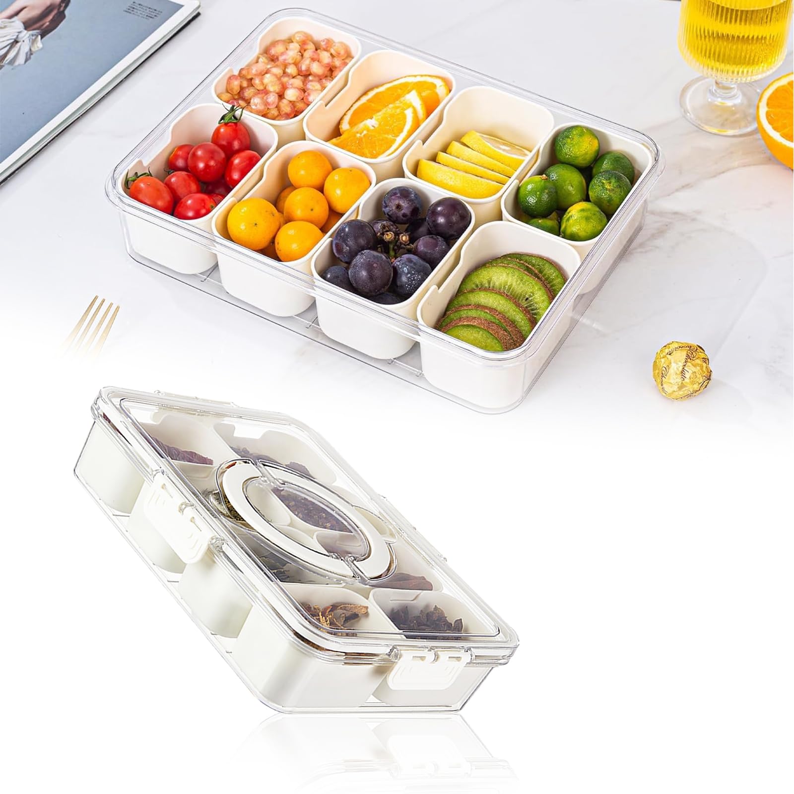 8-Compartment Divided Serving Tray with Lid & Handle - Snackle Box Container for Candy, Veggies & Fruits - Perfect for Fridge Storage, Party Entertaining, Picnics & Outdoor Gatherings - BPA-Free Food Organizer