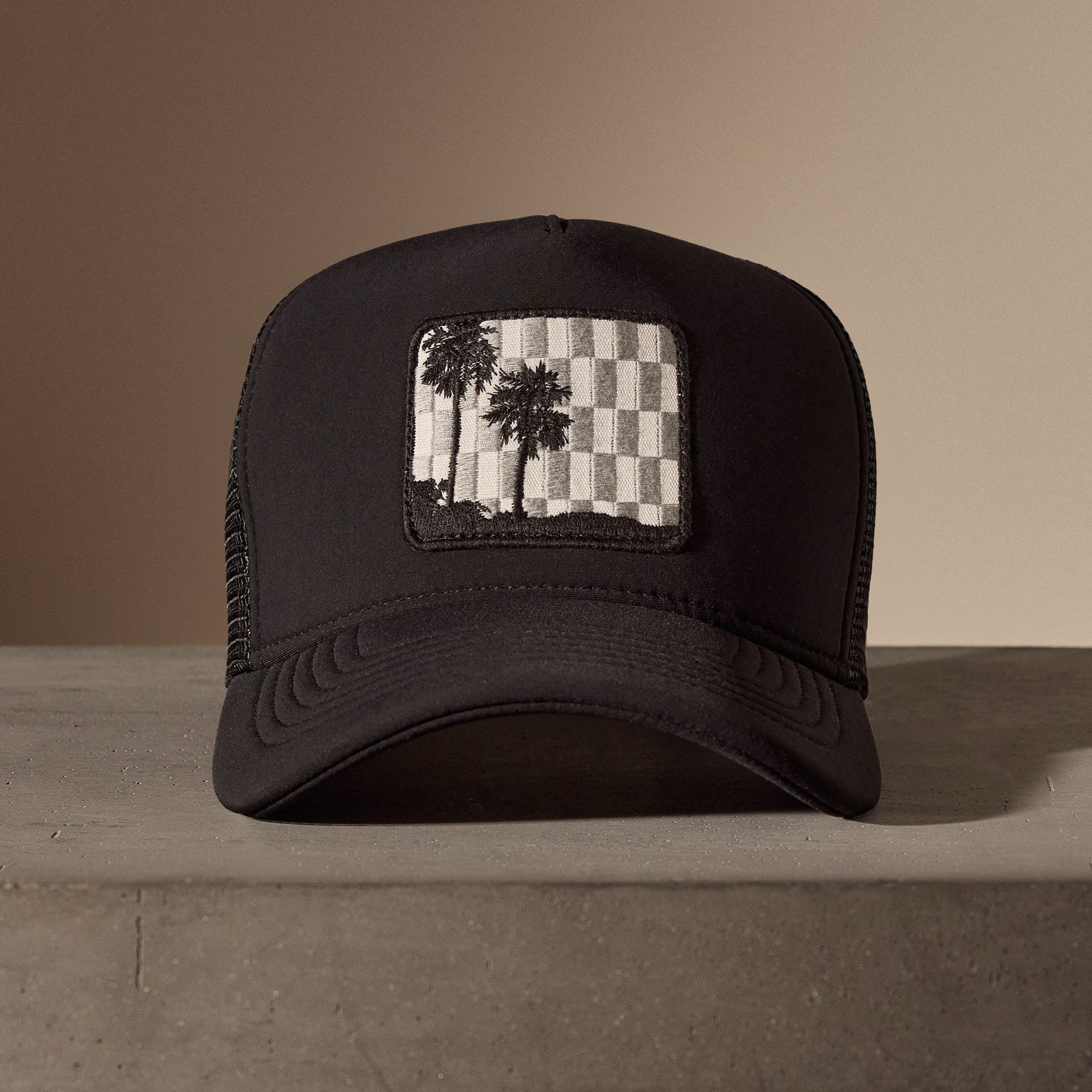 Checkered Palm Embroidered Trucker Hat for Men & Women - Black Cotton Baseball Cap for Outdoor Activities, Beach, Hiking & Casual Wear