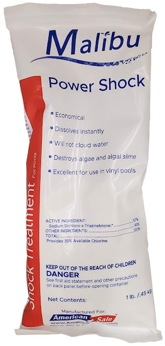 1 lb. Bag of Malibu Power Shock Pool Shock - Fast-Acting Swimming Pool Chlorine for Crystal Clear Water - Ideal for Inground & Above Ground Pools, Spas, and Hot Tubs