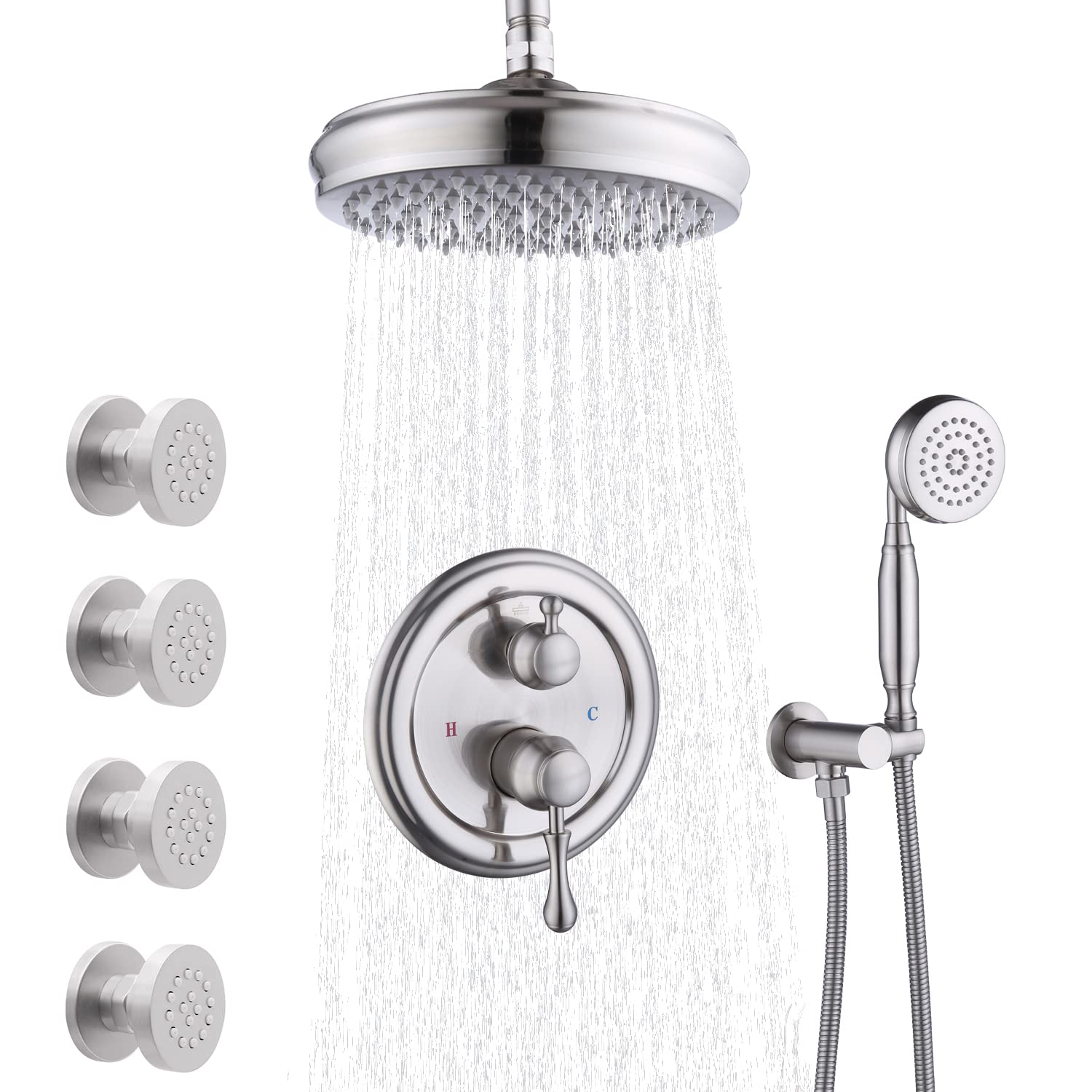Enga 8 Inch Ceiling Mount Rain Shower System - All Metal Round Body Jets with Brushed Nickel Finish - Includes Rough-in Valve for Luxurious Spa Experience at Home
