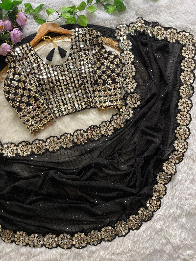 Elegant Black Mirror Work Saree with Free Ready-Made Blouse - Premium Indian Ethnic Wear for Women | UK Next Day Delivery | Perfect for Weddings, Parties & Festive Occasions