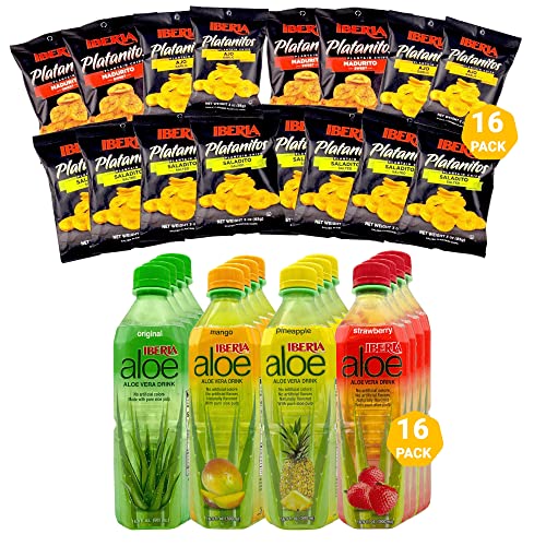 Iberia Plantain Chips Variety Pack - 8 Salted, 4 Naturally Sweet, 4 Garlic Flavored (16 Count) + Aloe Vera Drink Assortment - 4 Original, 4 Mango, 4 Pineapple, 4 Strawberry (16 Count) | Perfect for Snacking, Parties & Healthy On-the-Go Refreshment