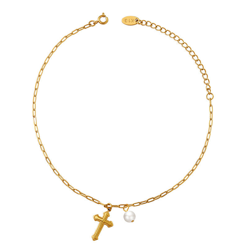 18K Gold Pearl Cross Charm Anklet Chain for Women - Elegant Adjustable Ankle Bracelet for Daily Wear, Gift, Wedding & Special Occasions