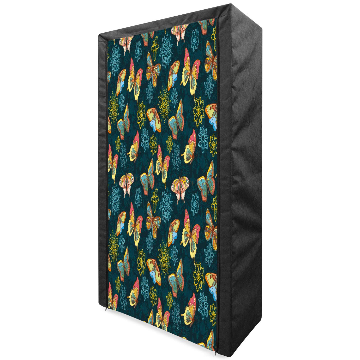Ambesonne Floral Portable Fabric Wardrobe with Butterfly Print - 33.5 Inch Spring Nature Inspired Clothing Organizer with Shelves | Yellow & Petrol Blue Storage Closet for Bedroom, Dorm, or Nursery