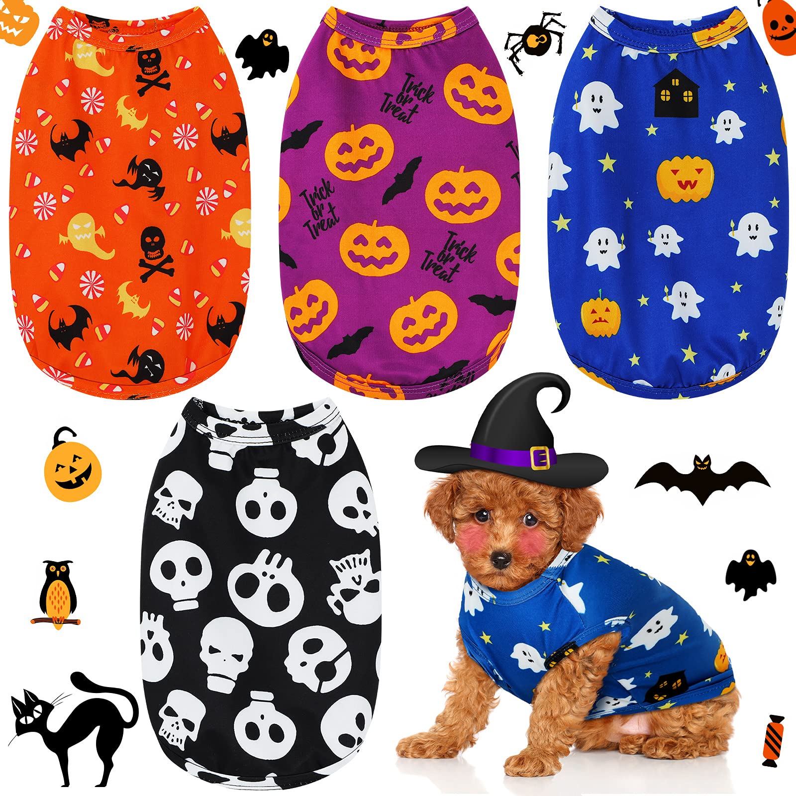 4 Pack Halloween Dog Shirts - Pumpkin Ghost Bats Skeletons Printed Pet Costumes for Small Dogs | Cute Halloween Apparel for Puppy Costume Parties & Trick or Treating