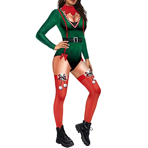 Women's Christmas Red Jumpsuit Costume - Long Sleeve High Neck Neon Skeleton Bodycon Jumpsuit with 3D Stretch - Perfect for Halloween, Christmas Parties & Cosplay Events