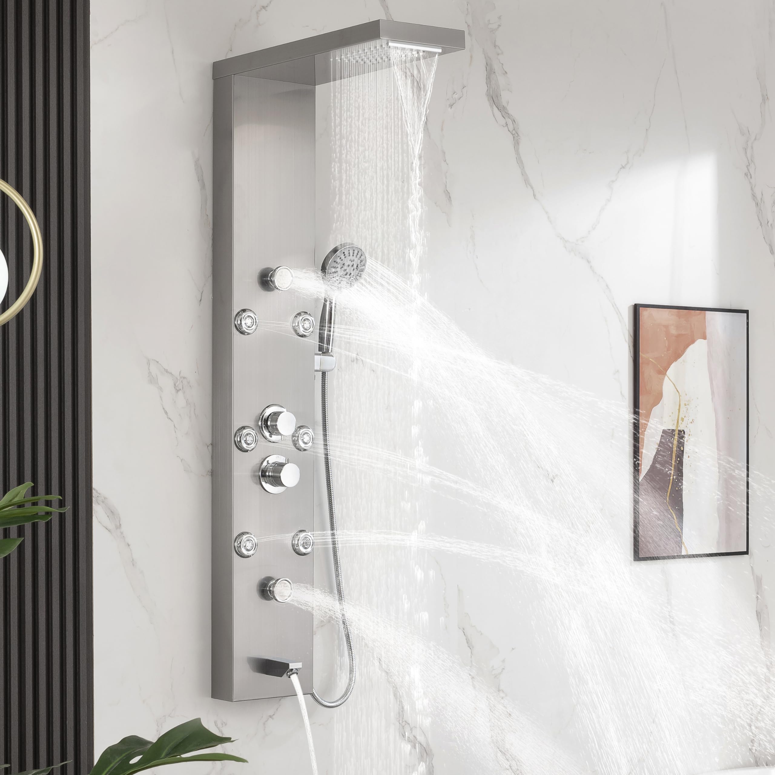 DELAVIN Stainless Steel Shower Panel Tower System - 5-Function Full Body Shower with Rainfall, Waterfall, Massage Jets, Tub Spout & Handheld Showerhead in Brushed Nickel | Perfect for Luxury Bathroom Renovation & Spa-Like Shower Experience