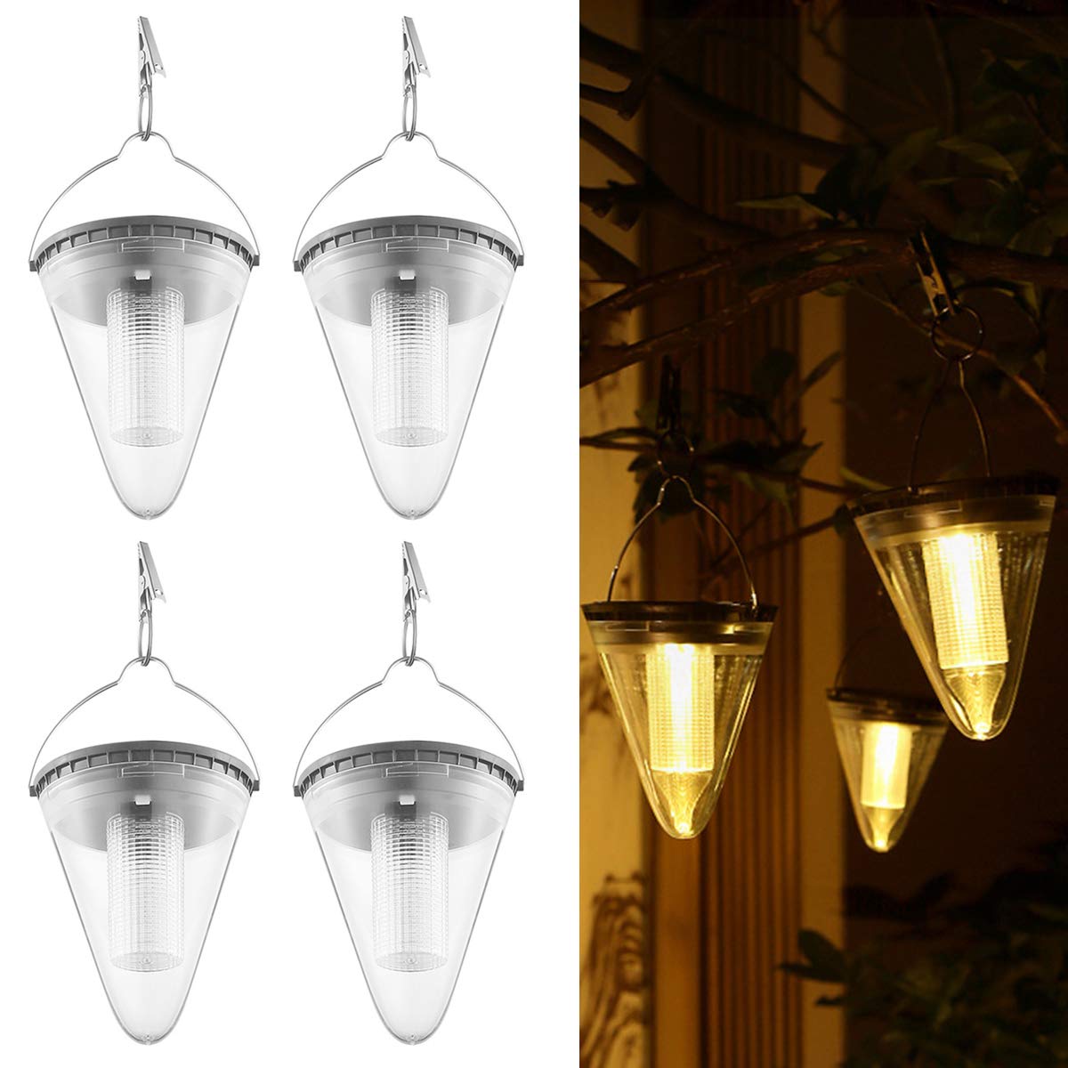 4 Pack Solar Powered LED Candle Lanterns - Waterproof Outdoor Hanging Lights for Garden, Patio, Yard, Pathway - Decorative Umbrella Style with Clip for Trees, Beach, Pavilion - Solar Security Night Lighting for Camping, Parties, Weddings, and Landscape Decor