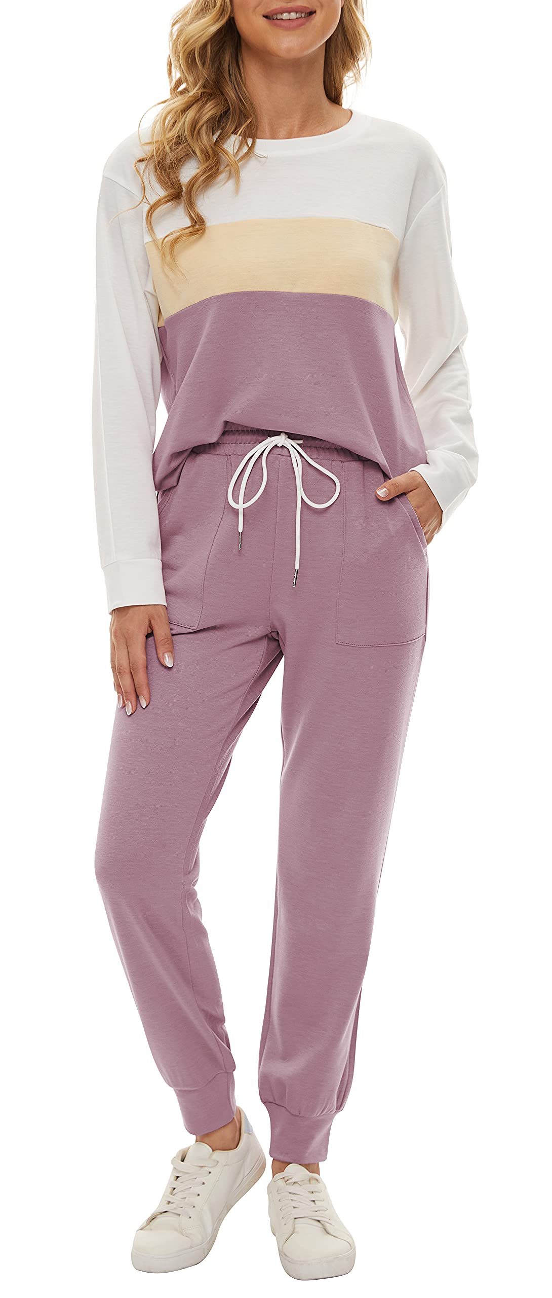 Fengbay Women's 2-Piece Long Sleeve Crewneck Pullover Sweatsuit Set with Pockets - Casual Lounge Wear for Home, Gym & Travel