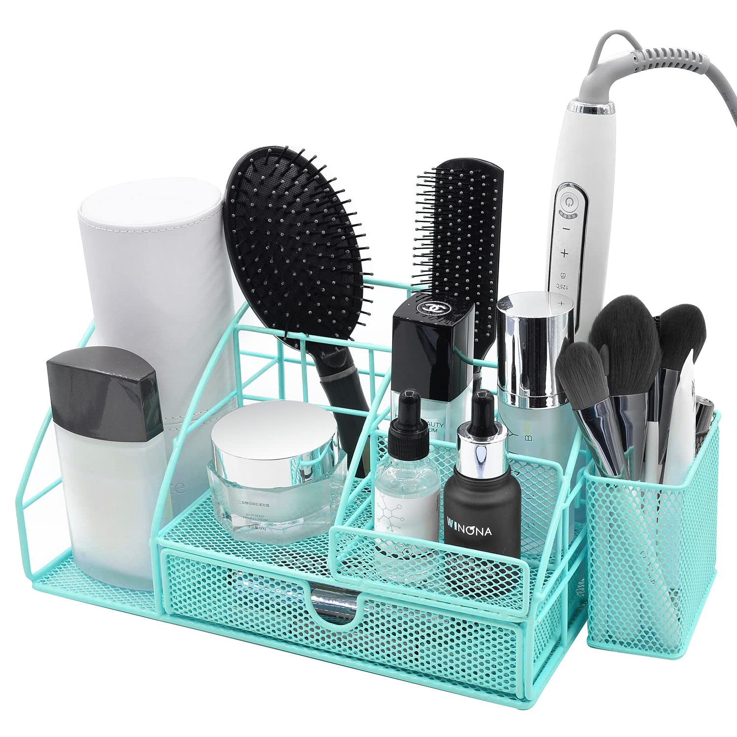 Makeup Organizer and Storage for Vanity | Mesh Desk Organizer for Cosmetics, Skincare, Lipstick, Brushes, Lotions & Eyeshadow | Perfect for Bedroom, Bathroom & Travel | Curling Wand Holder & Beauty Accessory Storage