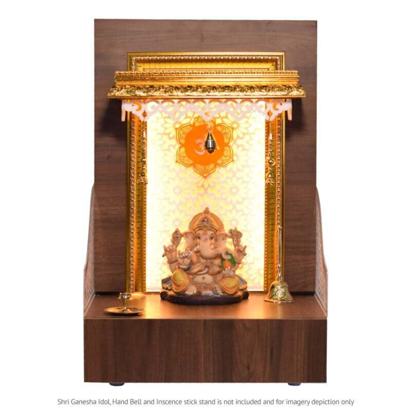 Custom Wooden Brown Designer Mandir with LED Lights - Handcrafted Home & Office Temple for Pooja Ghar, Prayer Space with Storage | Perfect for Daily Worship, Meditation & Spiritual Decor