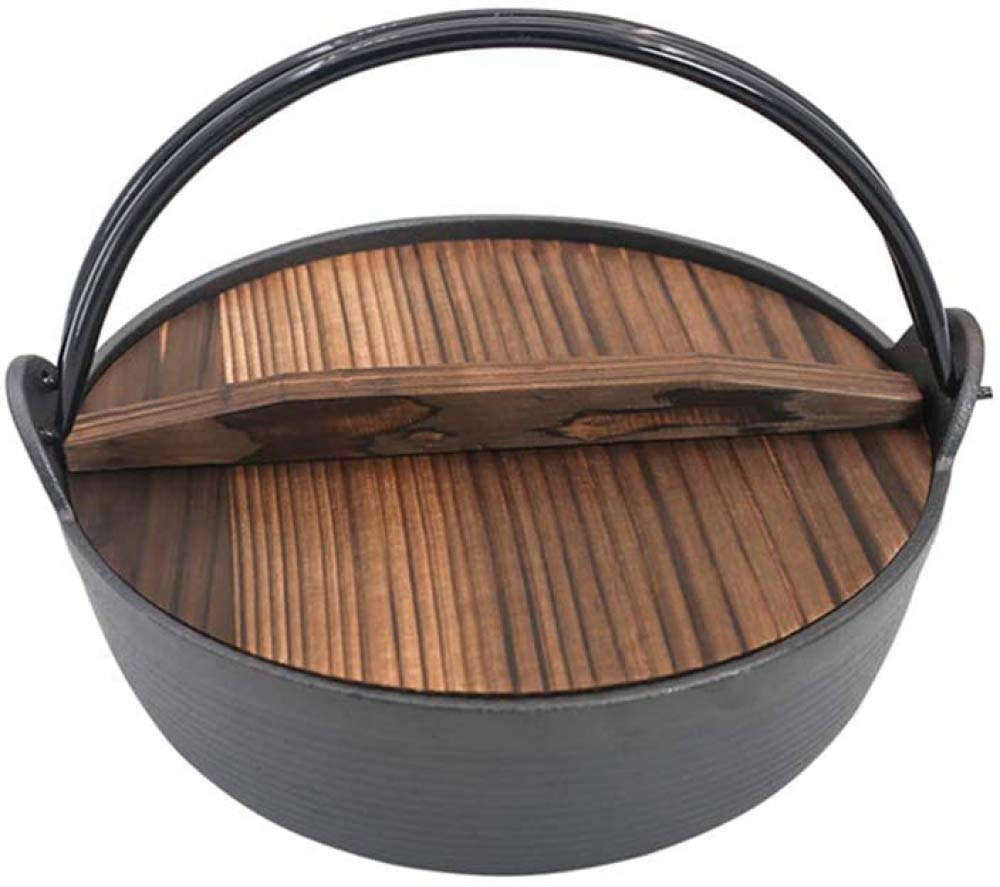 Zhouye 25cm Japanese Cast Iron Sukiyaki Pot - Thickened Uncoated Non-Stick Hot Pot with Wooden Lid - Multi-Purpose Cast Iron Stockpot for Stove, Camping & Home Cooking