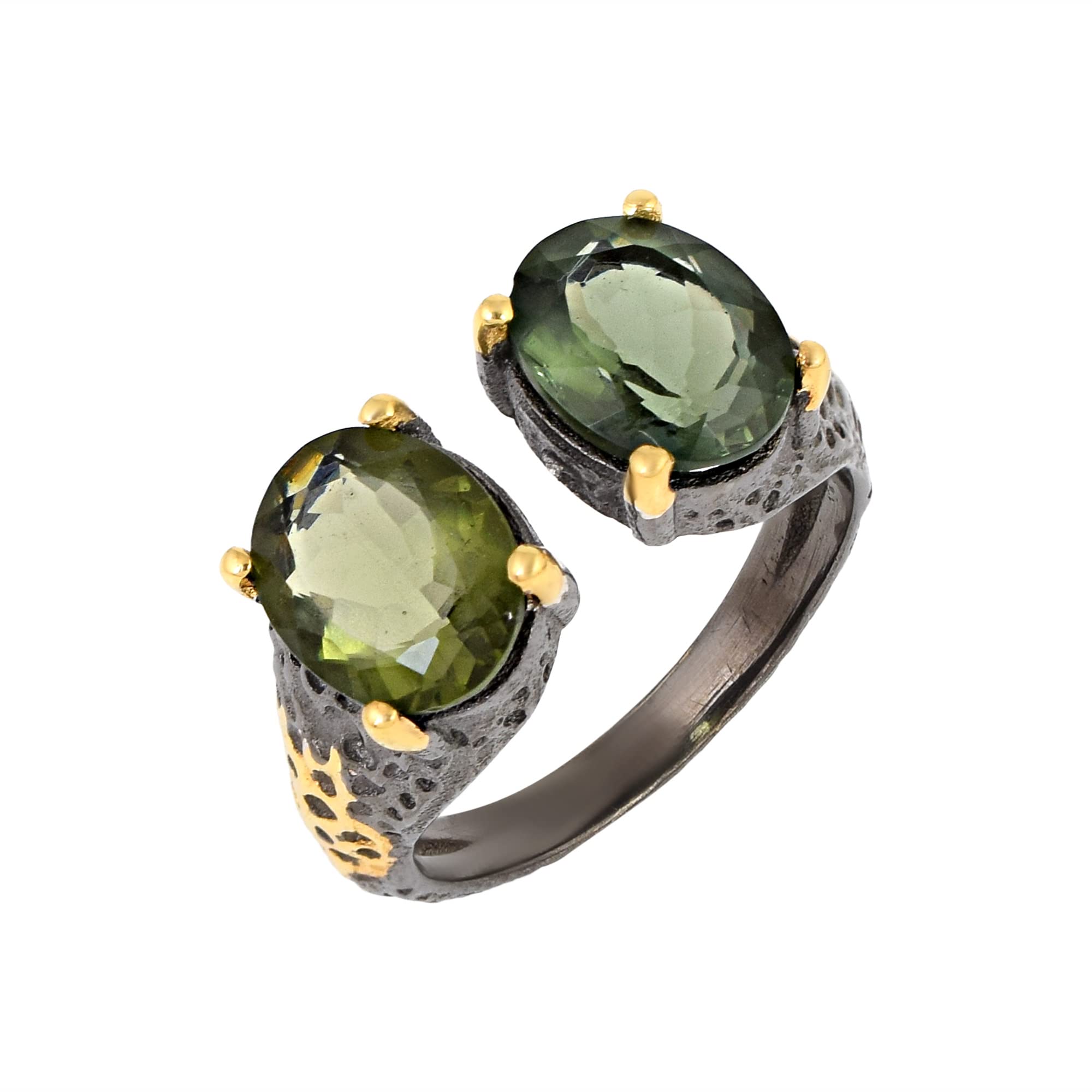 925 Sterling Silver Black Gold Rhodium Plated Oval Moldavite Cocktail Ring | Bohemian Vintage Jewelry for Women | Birthday Gift, Anniversary Present & Boho Party Accessory
