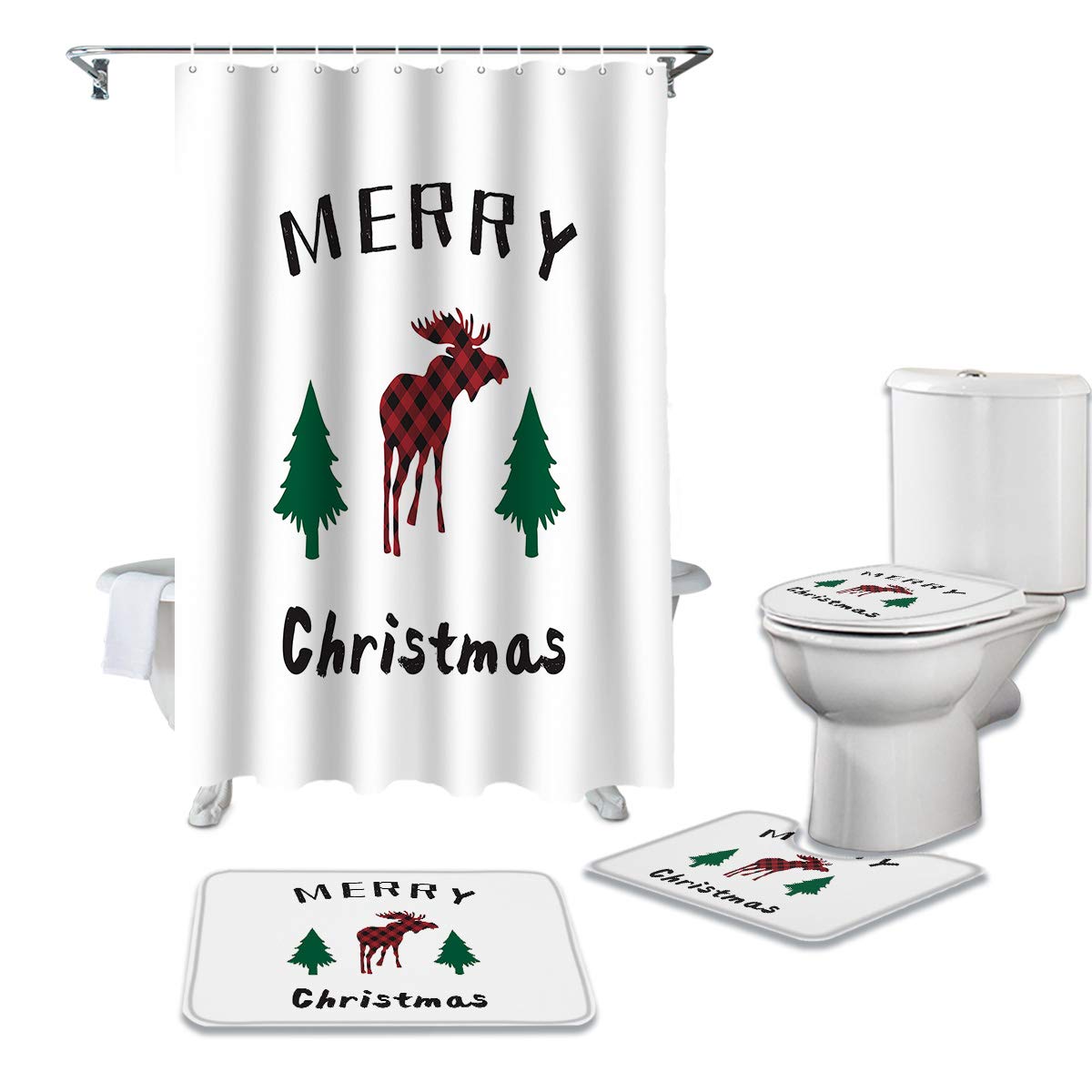 4PCS Non-Slip Bathroom Mat Set - Christmas Tree & Elk Red Plaid Decor with Shower Curtain, Rugs, Toilet Seat Cover - Perfect for Holiday Bathroom Decorations & Home Gift Ideas