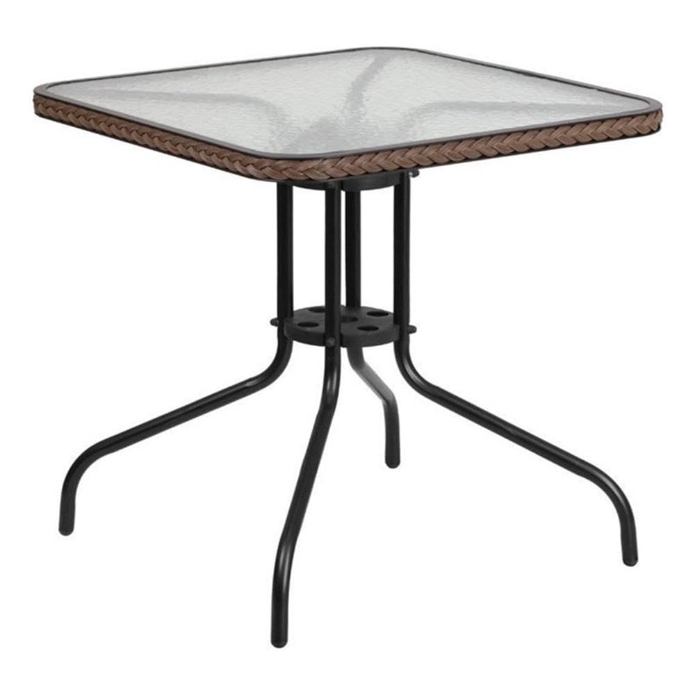 BOWERY HILL Black/Brown Rattan and Glass Square Outdoor Dining Table - Perfect for Patio, Garden, and Backyard Entertaining