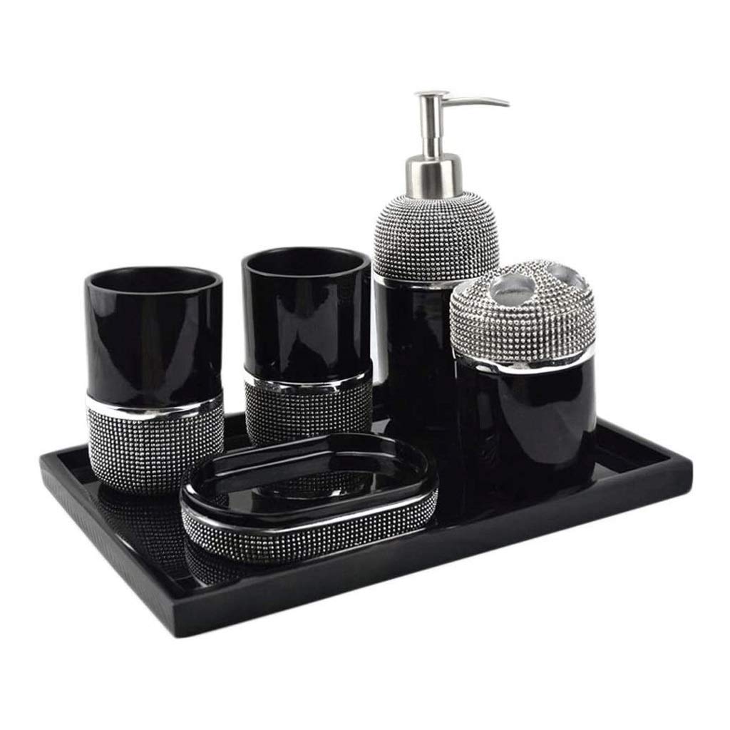 Elegant 6-Piece Resin Bathroom Accessory Set with Silver Beads - Soap Dispenser, Lotion Pump, Toothbrush Holder, Mouthwash Cup & Soap Dish | Modern Vanity Organizer for Bathroom Countertop Decor