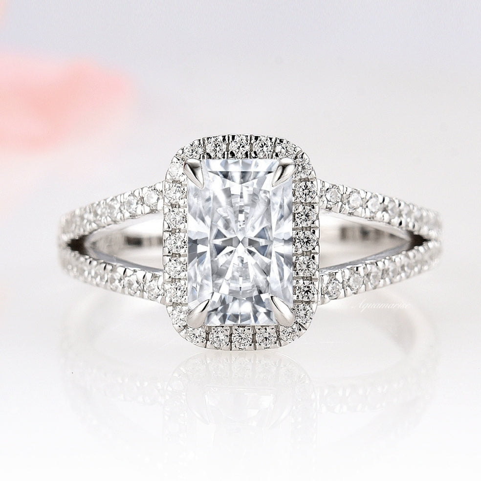 Emerald Cut Split Shank Moissanite Engagement Ring 14K White Gold - Perfect for Proposals, Weddings & Anniversary Gifts