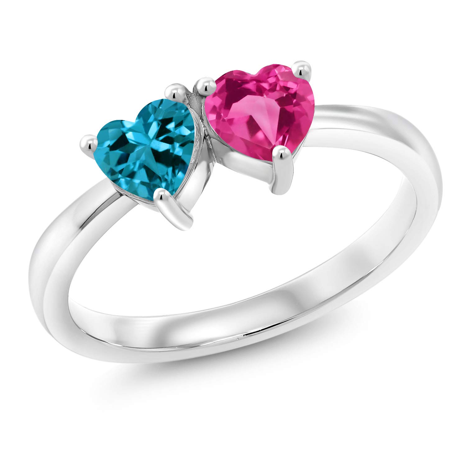 1.15 Ct London Blue Topaz & Pink Created Sapphire Double Heart Sterling Silver Ring for Women - 925 Silver Engagement, Promise & Anniversary Jewelry Gift