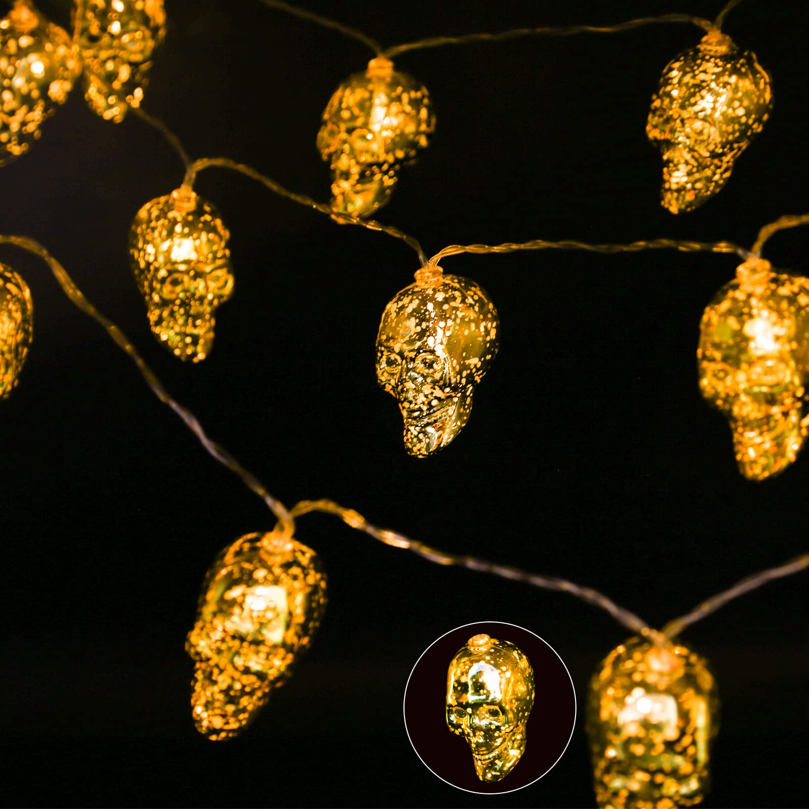 10.8ft 20 Bulbs Skull Halloween String Lights - Battery Powered Outdoor Decorations for Party, Home, Garden, Porch & Halloween Festivals | Spooky Atmosphere Lighting for Nighttime Events