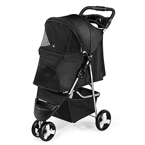 **Wedyvko 3-Wheel Foldable Pet Stroller for Small & Medium Dogs & Cats - Lightweight Travel Carrier with Storage Basket & Cup Holder - Perfect for Walks, Vet Visits & Shopping (Black)**