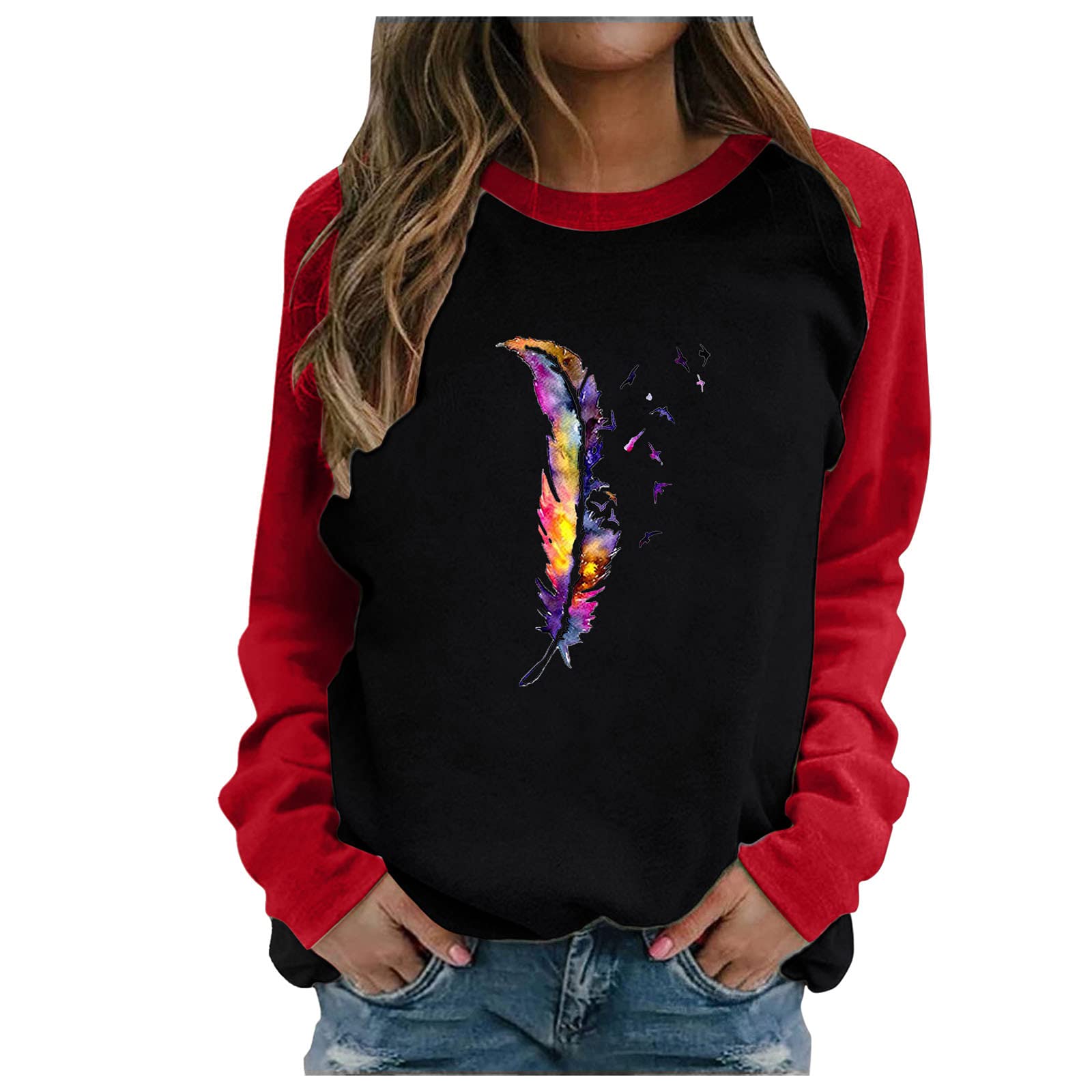 Women's Feather Print Sweatshirt - Long Sleeve Casual Crewneck Blouse for Fall Outfits | Loose Fit Comfortable Top for Everyday Wear, Work & Weekend Outings
