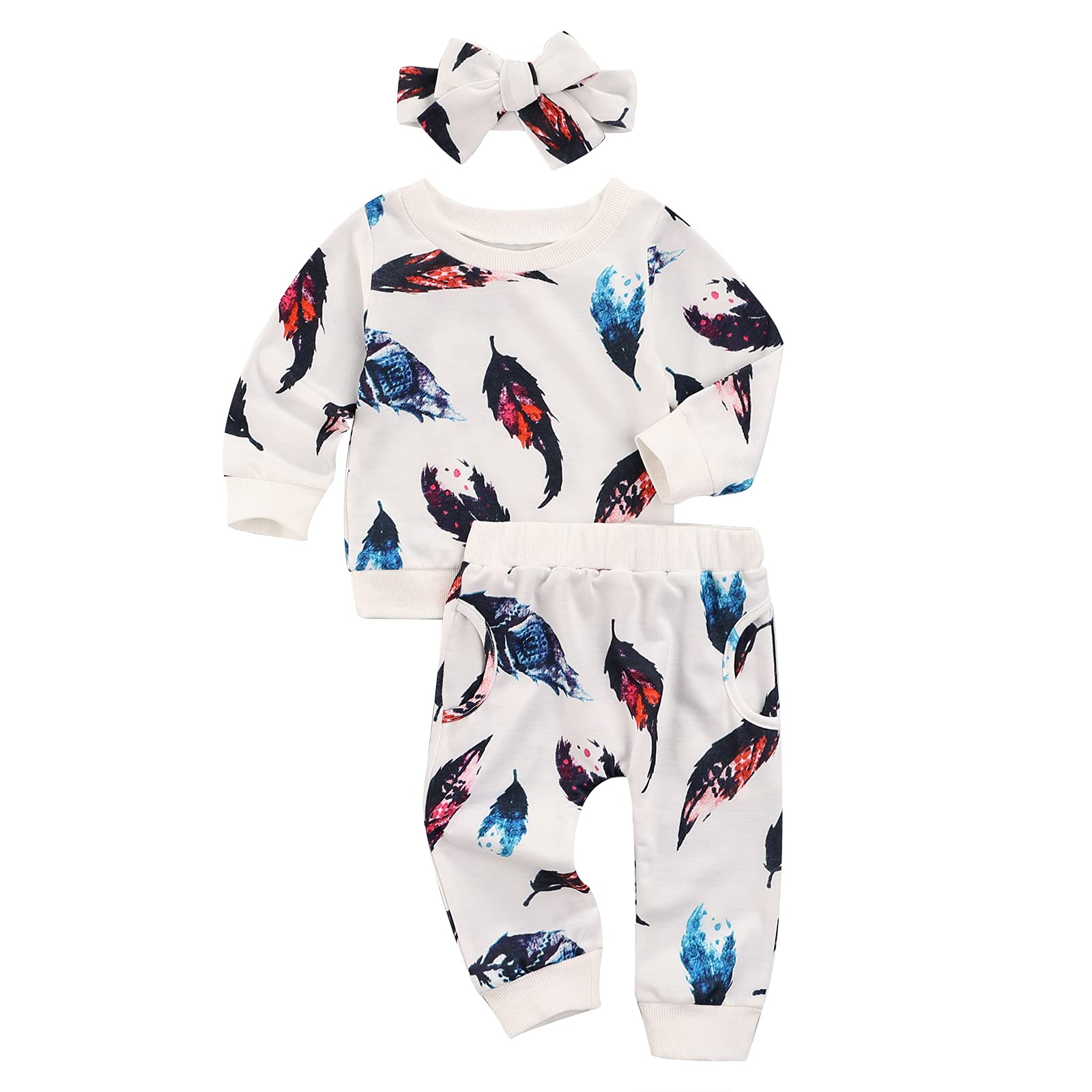 Newborn Baby Girl Outfits - Feather Print Long Sleeve Sweatshirt & Pants Set | Cozy Fall Winter Clothes | Perfect for Photoshoots, Family Gatherings & Daily Wear
