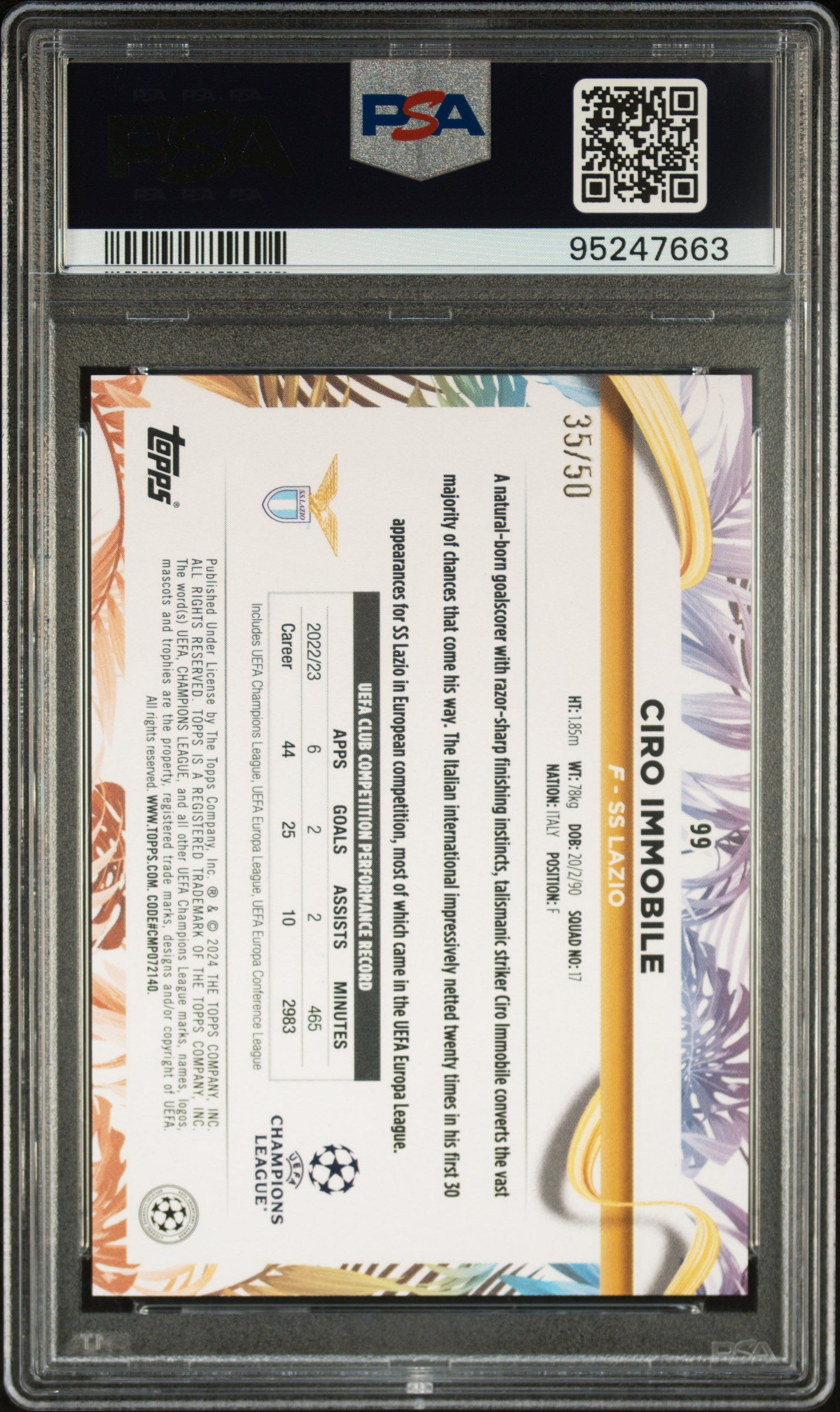 Topps Ciro Immobile Gold Swirl Card /50 Carnaval UCC 2023-24 #99 PSA 10 Graded - Rare Football Trading Card for Collectors & Sports Fans - Perfect for Display, Investment & Memorabilia Collections