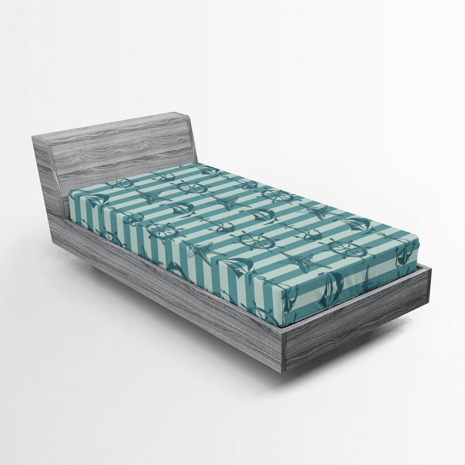 Ambesonne Ships Wheel Fitted Sheet - Retro Marine Pattern with Anchor & Starfish on Striped Background - Deep Pocket Elastic Twin XL Bed Sheet - Teal Beige - Perfect for Nautical Themed Bedrooms & Coastal Decor