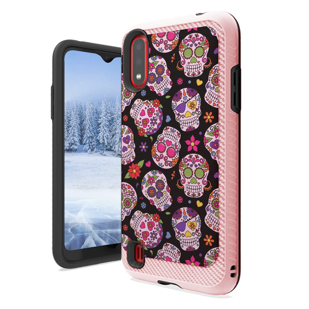 Cute Sugar Skulls Galaxy A01 Case - Heavy Duty Girly Phone Cover for Samsung A01 SM-A015A - Perfect for Women's Daily Use