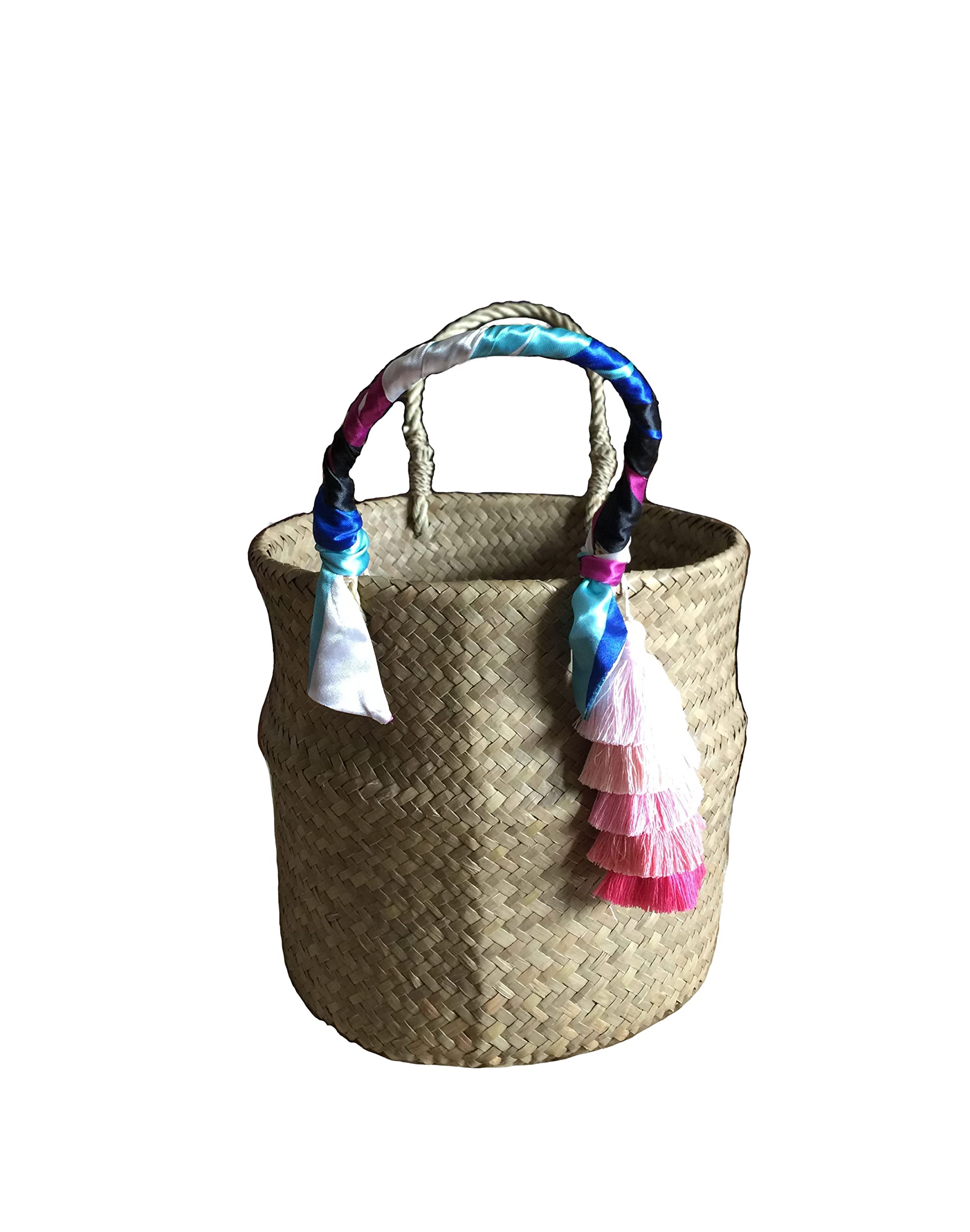 Handwoven Straw Beach Bag - Natural Seagrass Tote Basket Purse for Women, Eco-Friendly Round Woven Bag for Summer Vacation, Picnic, Shopping & Outdoor Activities