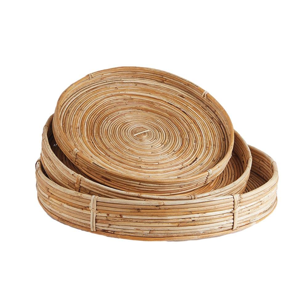 Elegant Set of 3 Woven Cane Rattan Trays - Round Natural Boho Baskets 22 inch for Home Decor, Coffee Table & Wall Storage | MY SWANKY HOME