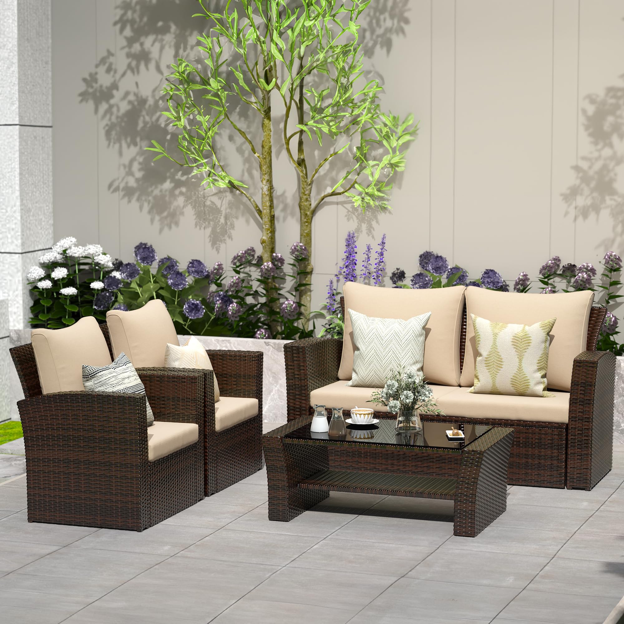 4-Piece All-Weather Wicker Patio Furniture Set - Outdoor Rattan Sectional Sofa with Cushions & Coffee Table - Brown Conversation Set for Balcony, Garden, Backyard - Perfect for Relaxing, Entertaining & Outdoor Dining