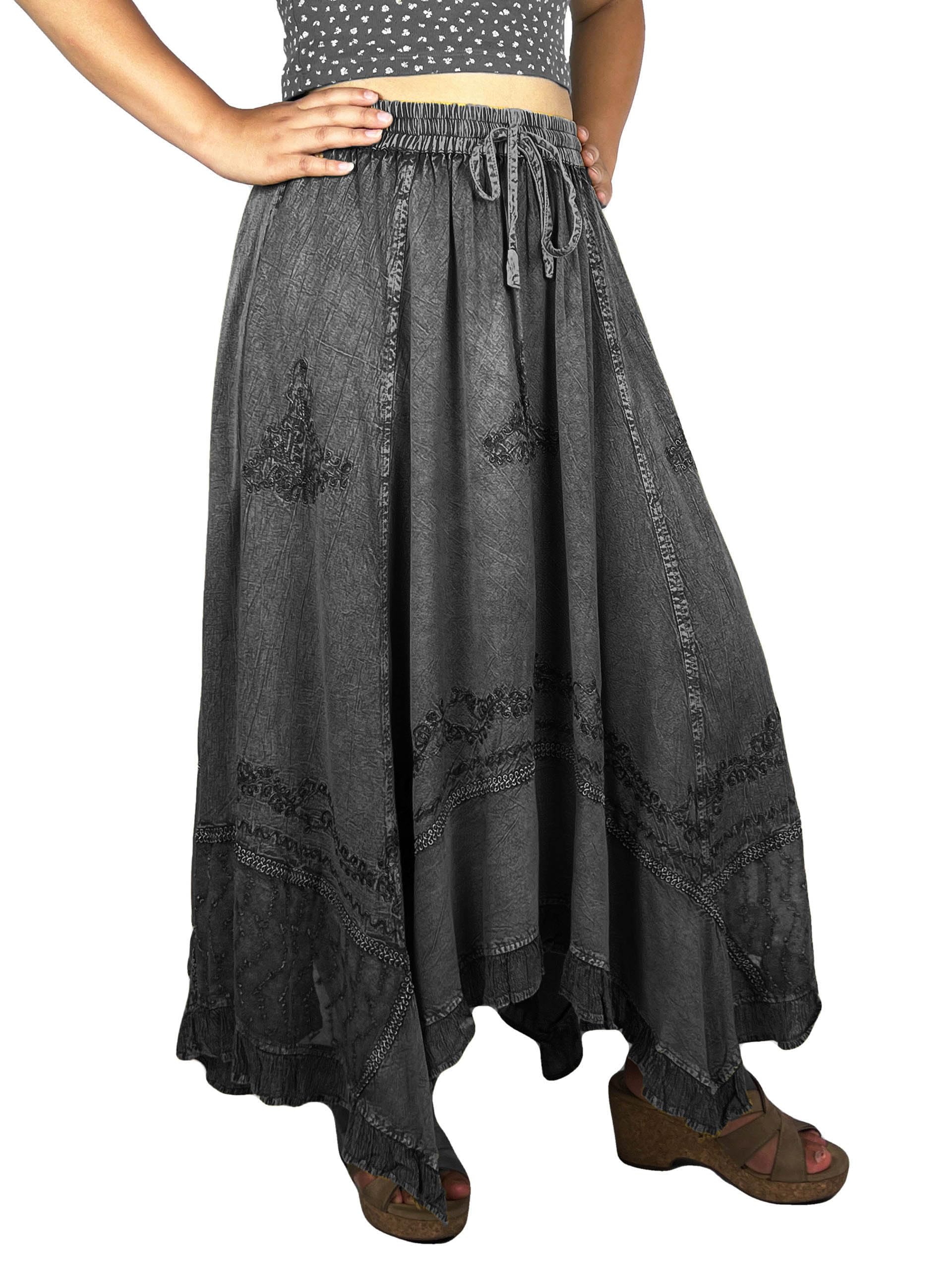 Agan Traders 2025 Spring Women's Flowy Handkerchief Hem Midi Maxi Skirt - Gypsy Embroidered Ruffle Long Skirt for Boho Style, Beach Vacation & Summer Outfits