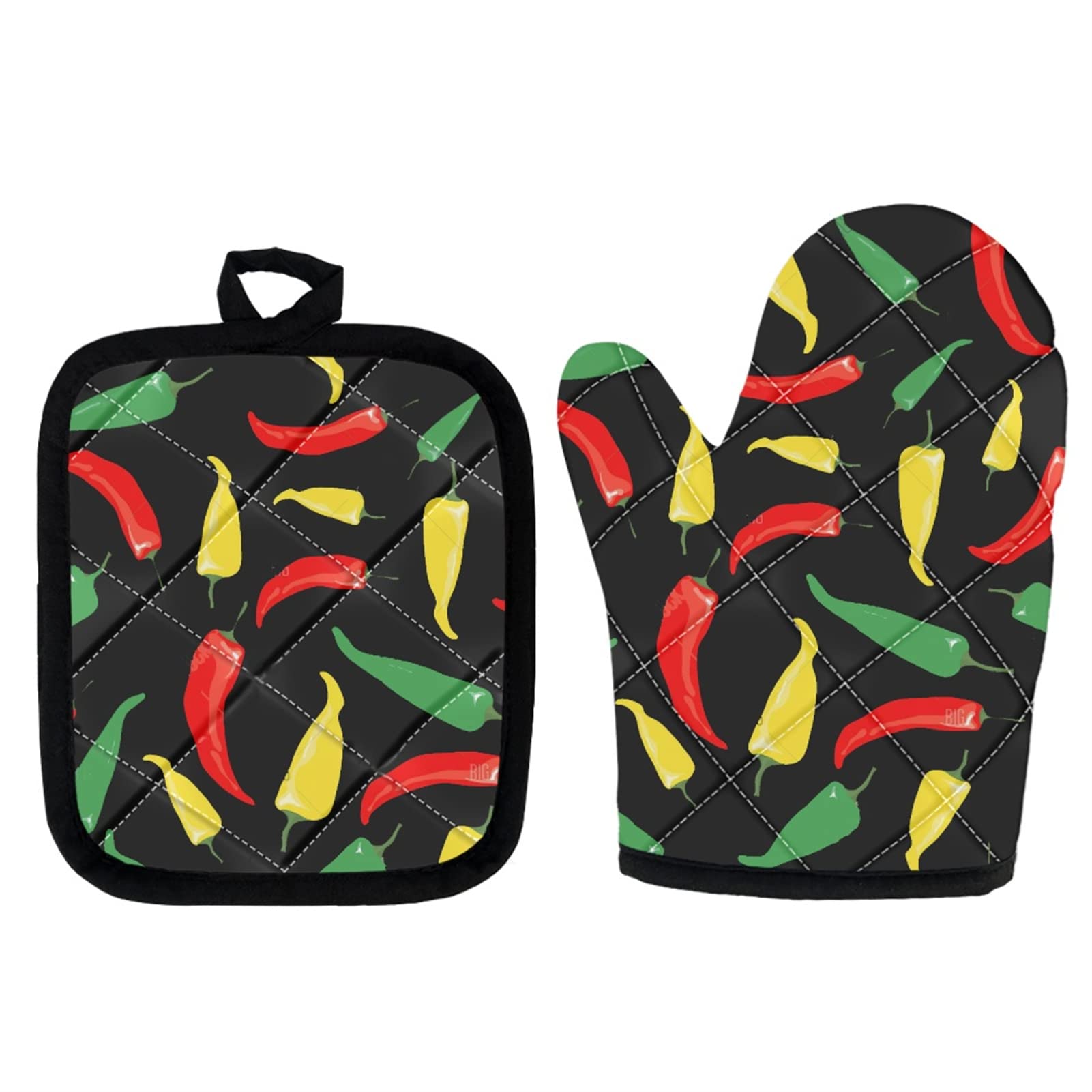 DISNIMO Heat Resistant Oven Mitts Set - Green Yellow Red Chili Pepper Design, Durable Thick Kitchen Gloves with Cotton Lining for Cooking, Baking, BBQ & Microwave Use - Perfect for Holiday Baking, Grilling Parties & Everyday Kitchen Safety